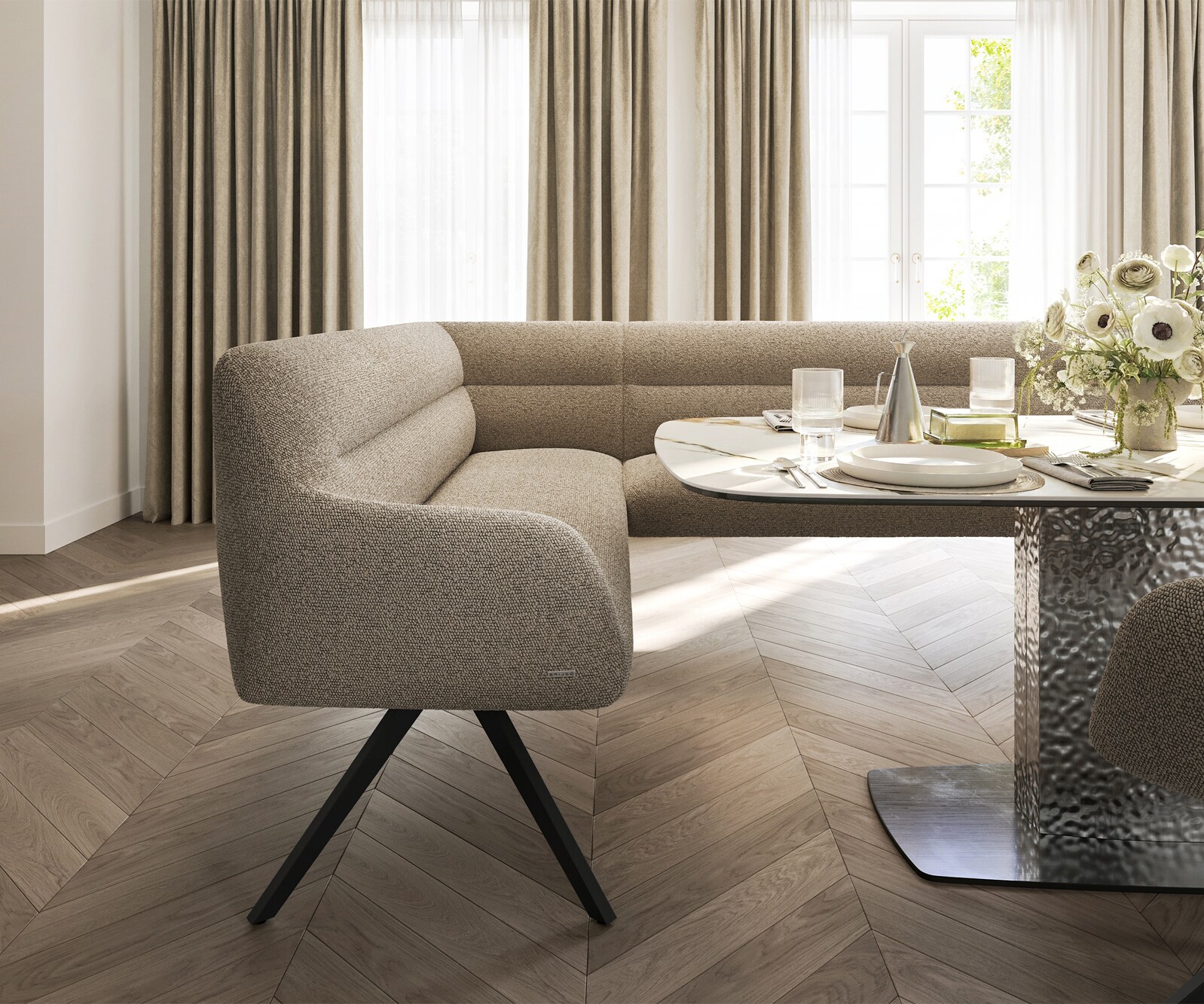 Ławka do jadalni Taya-Flex 285x190 cm bouclé szaro-brązowy podstawa krzyżowa kątowa metal czarny sprężyny kieszeniowe prawa 5