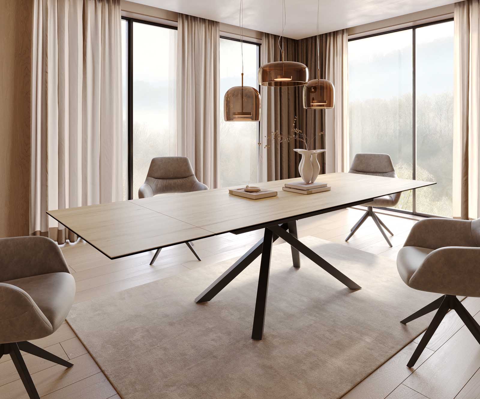 Stół do jadalni Edge 200-300x100 cm ceramika Laminam® Sabbia kolor dębu rama Cross czarna rozkładany