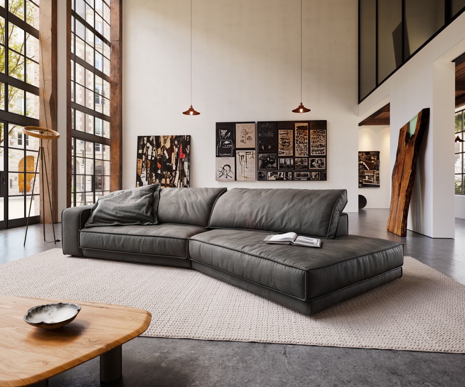 Sofa Snoosh 400x150 cm mikrofibra czarna vintage szezlong prawy 1