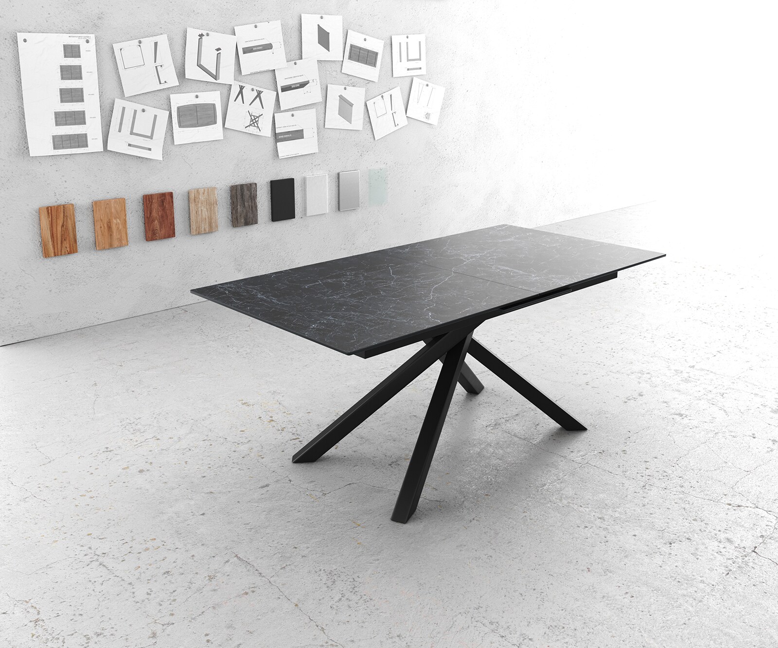 Stół do jadalni Edge 180-220x100 cm ceramika Laminam® Nero Greco antracyt rama Cross czarna rozkładany 1