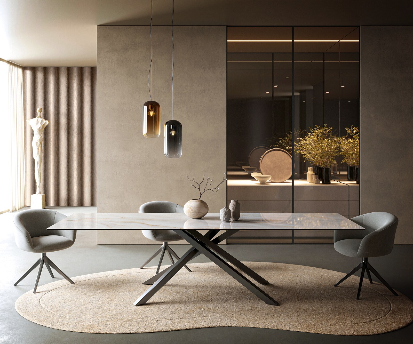 Stół do jadalni Edge 300x100cm ceramika Onyx Pearl rama Cross stal nierdzewna kolor grafitowy 1