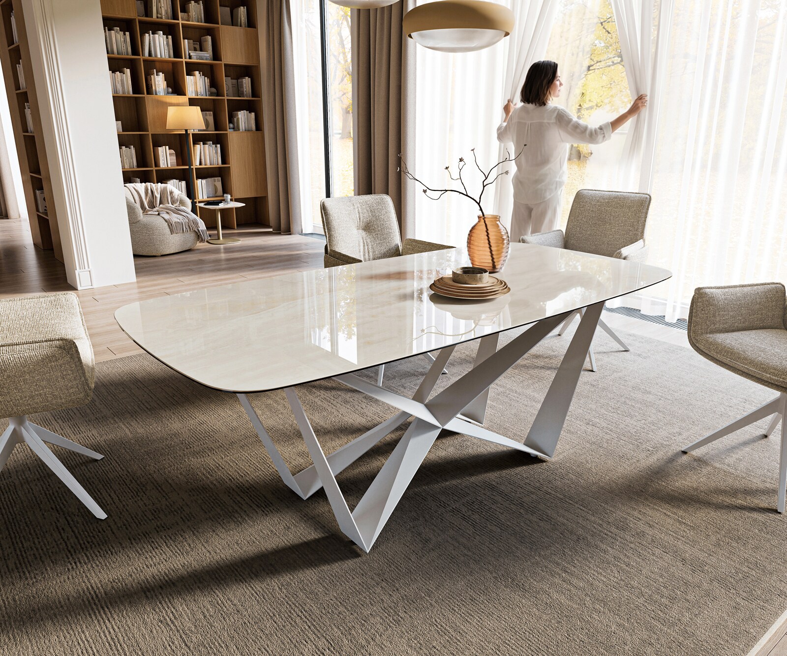 Stół do jadalni Edge w kształcie beczki 200x100 cm ceramika Onyx Champagne rama Spider metal biały