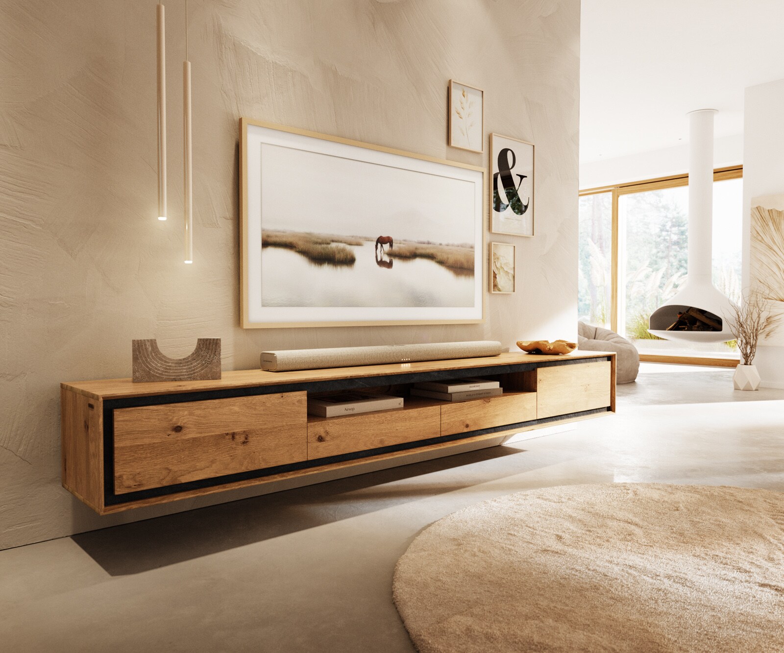Szafka RTV Stonegrace 240 cm dąb naturalny 2 drzwi 1 przegroda 2 szuflady fornir kamienny podwieszana 1