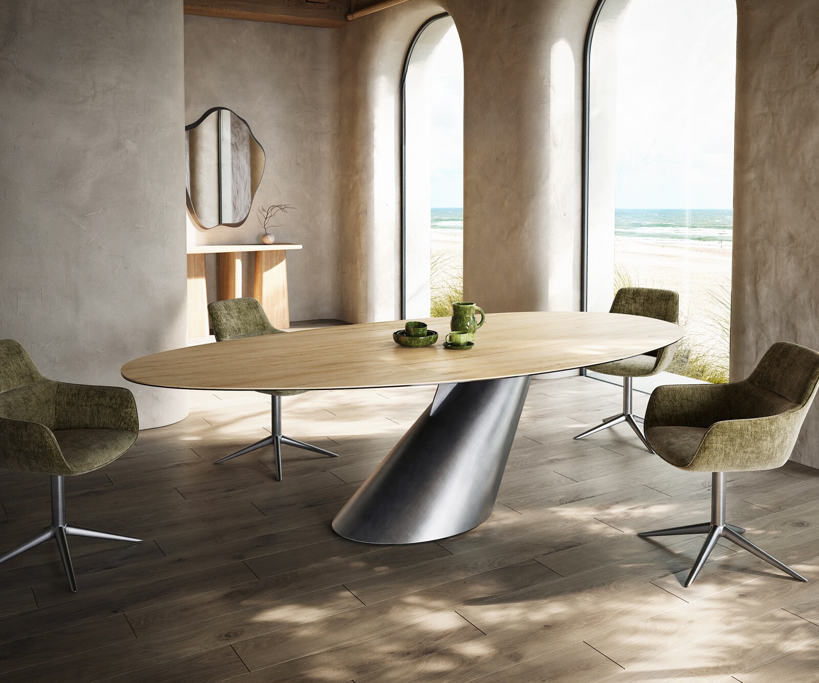 Stół do jadalni Edge owalny 280x130 cm ceramika Laminam® Sabbia w kolorze dębu rama Cono metaliczny srebrny 2