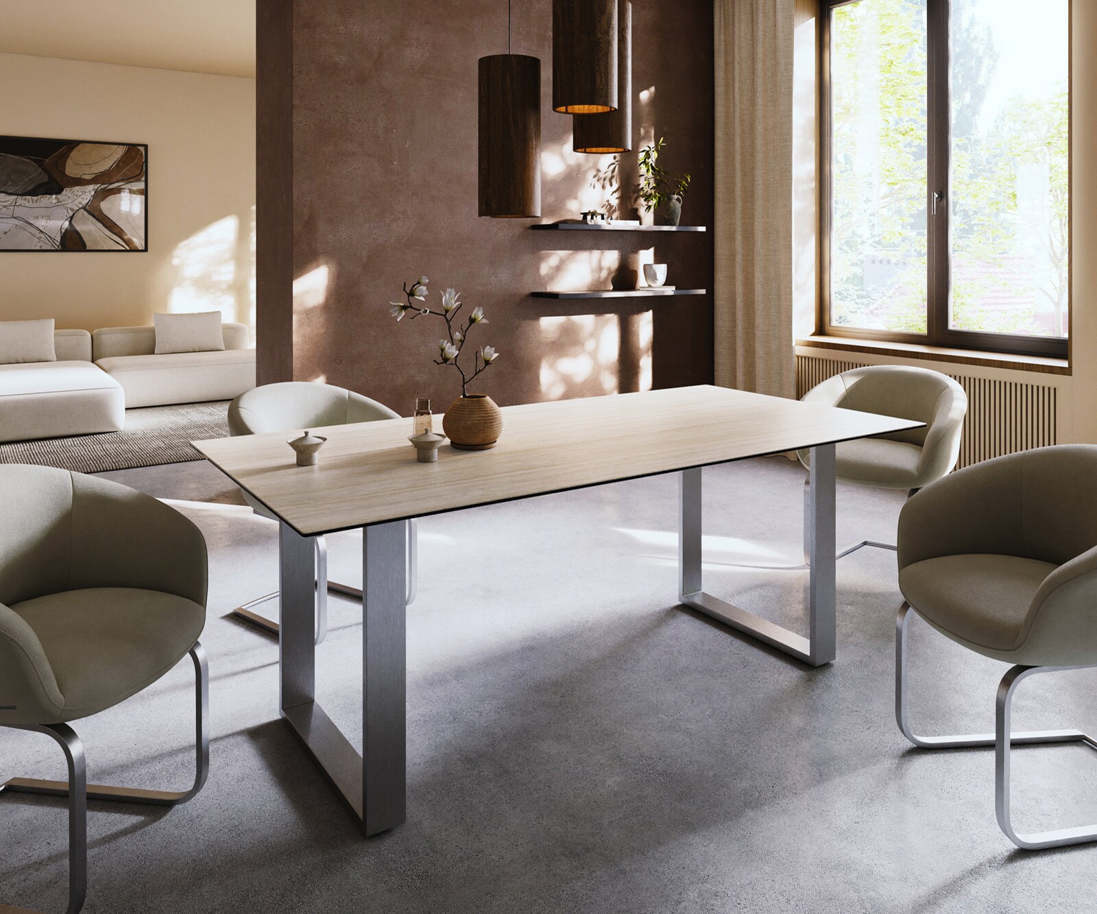Stół do jadalni Edge 200x100cm ceramika Laminam® Travertino Bianco kremowo-biały rama wąska stal nierdzewna 1