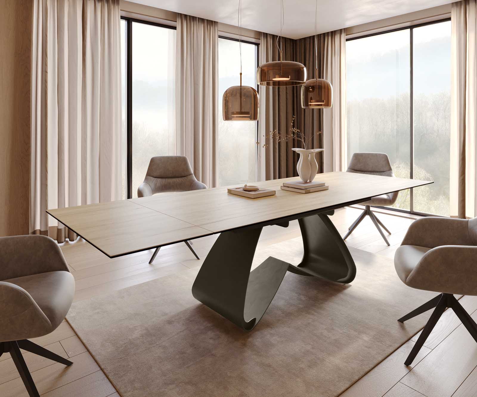 Stół do jadalni Edge 200-300x100 cm ceramika Laminam® Sabbia kolor dębu rama W kolor tytanowy rozkładany