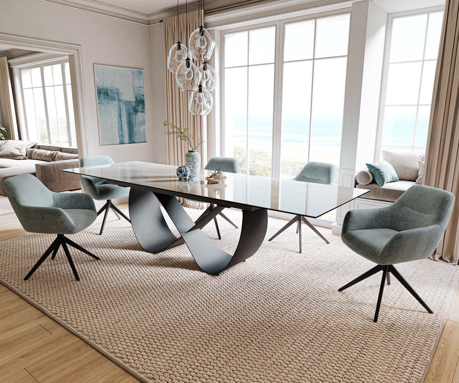 Stół do jadalni Edge 200-300x100cm ceramika Onyx Champagne rama Infinity metal czarny rozkładany 6