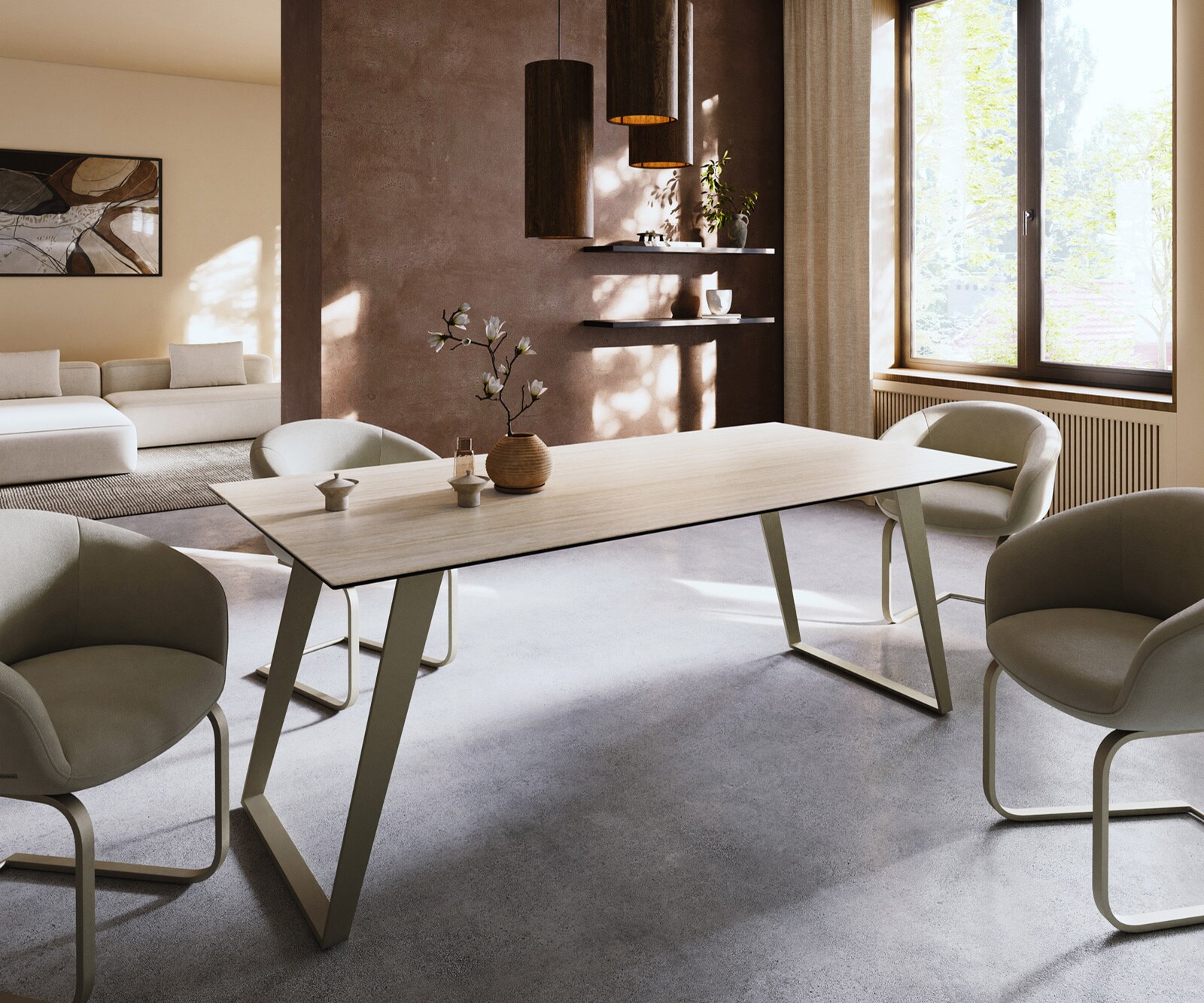 Stół do jadalni Edge 200x100cm ceramika Laminam® Travertino Bianco kremowo-biały rama pochylona metal kolor tytanowy 1