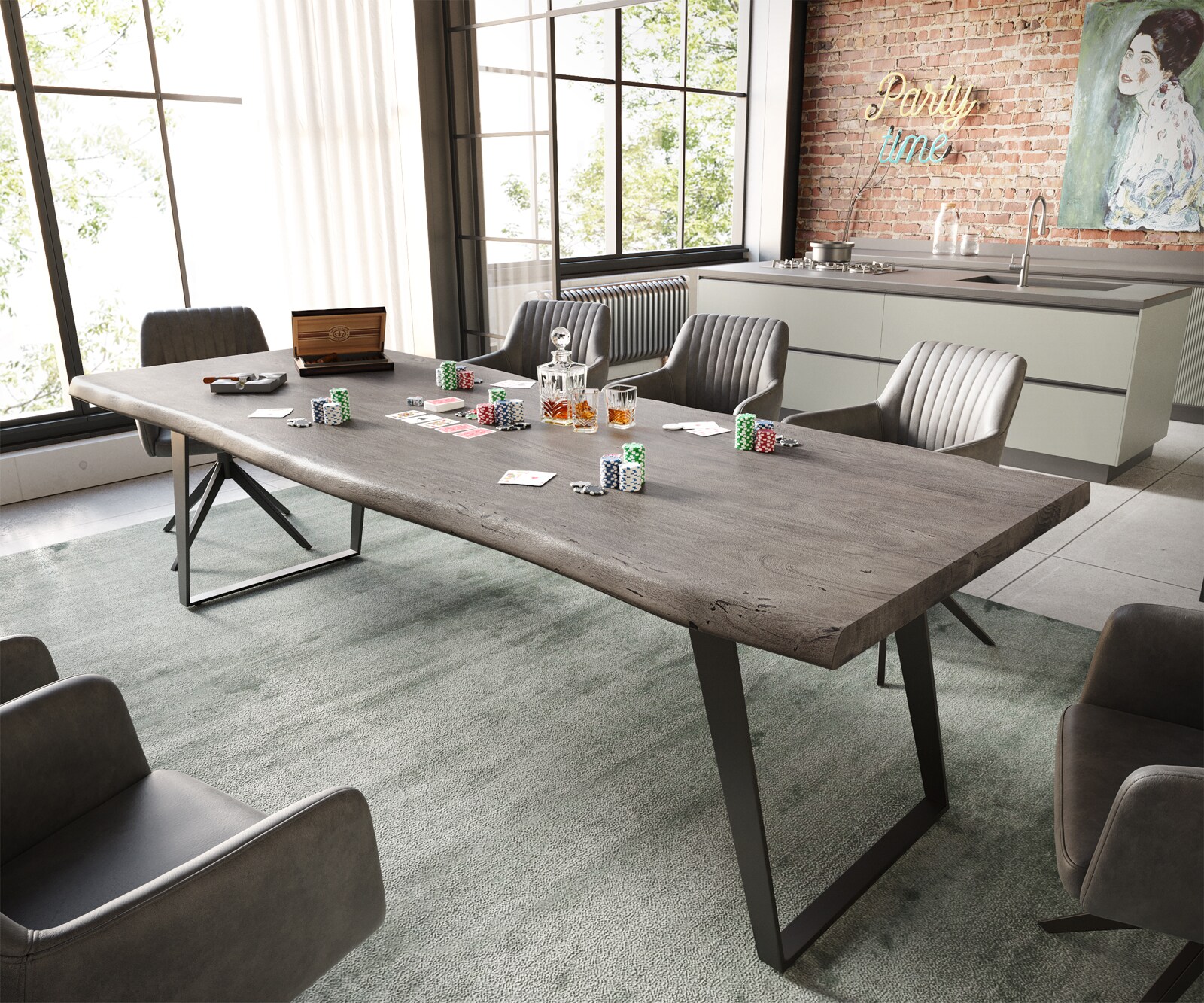 Stół do jadalni Edge 260x100cm XL akacja platynowa metal rama pochylona czarna