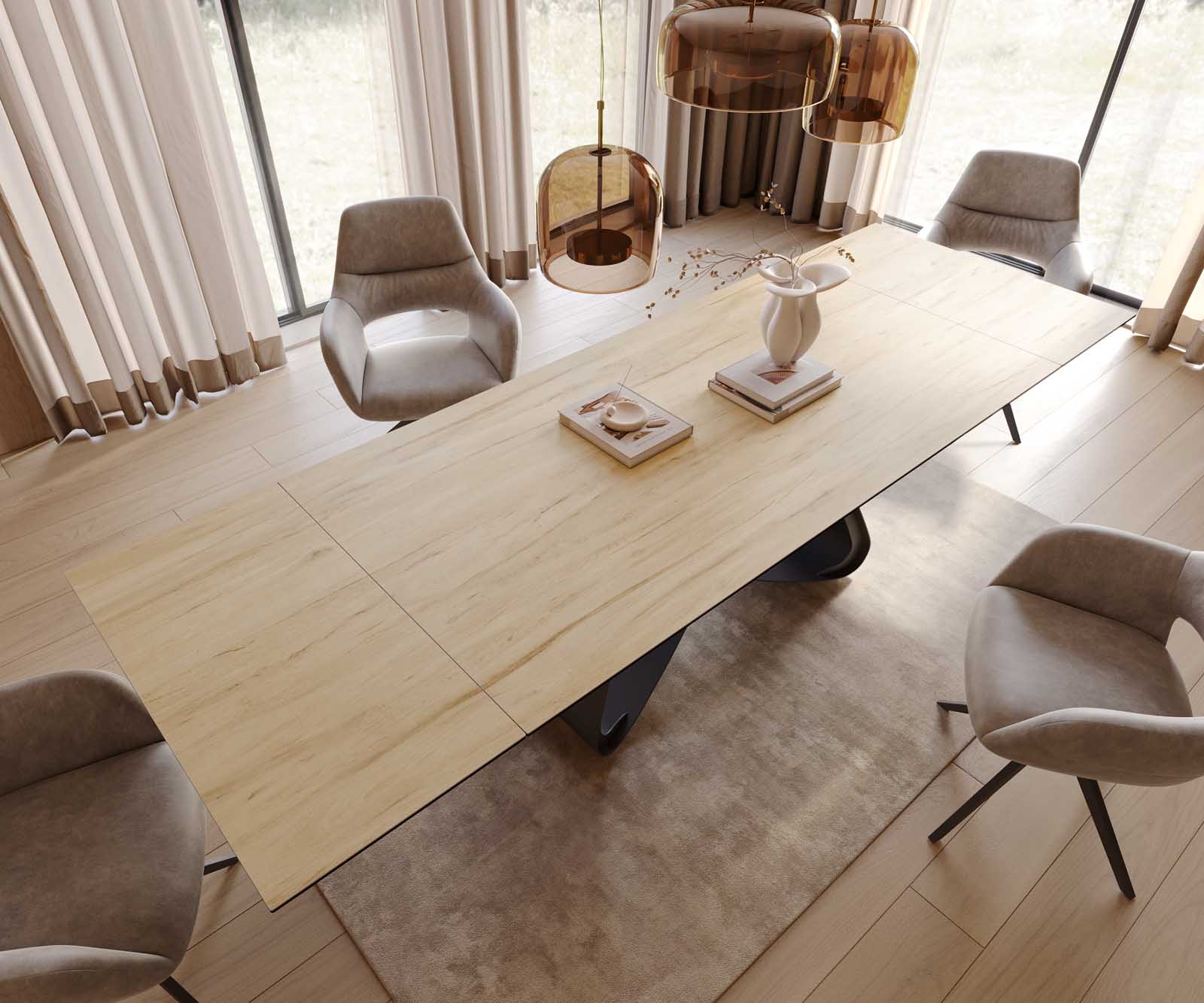 Stół do jadalni Edge 200-300x100 cm ceramika Laminam® Sabbia kolor dębu rama W czarna rozkładany 4
