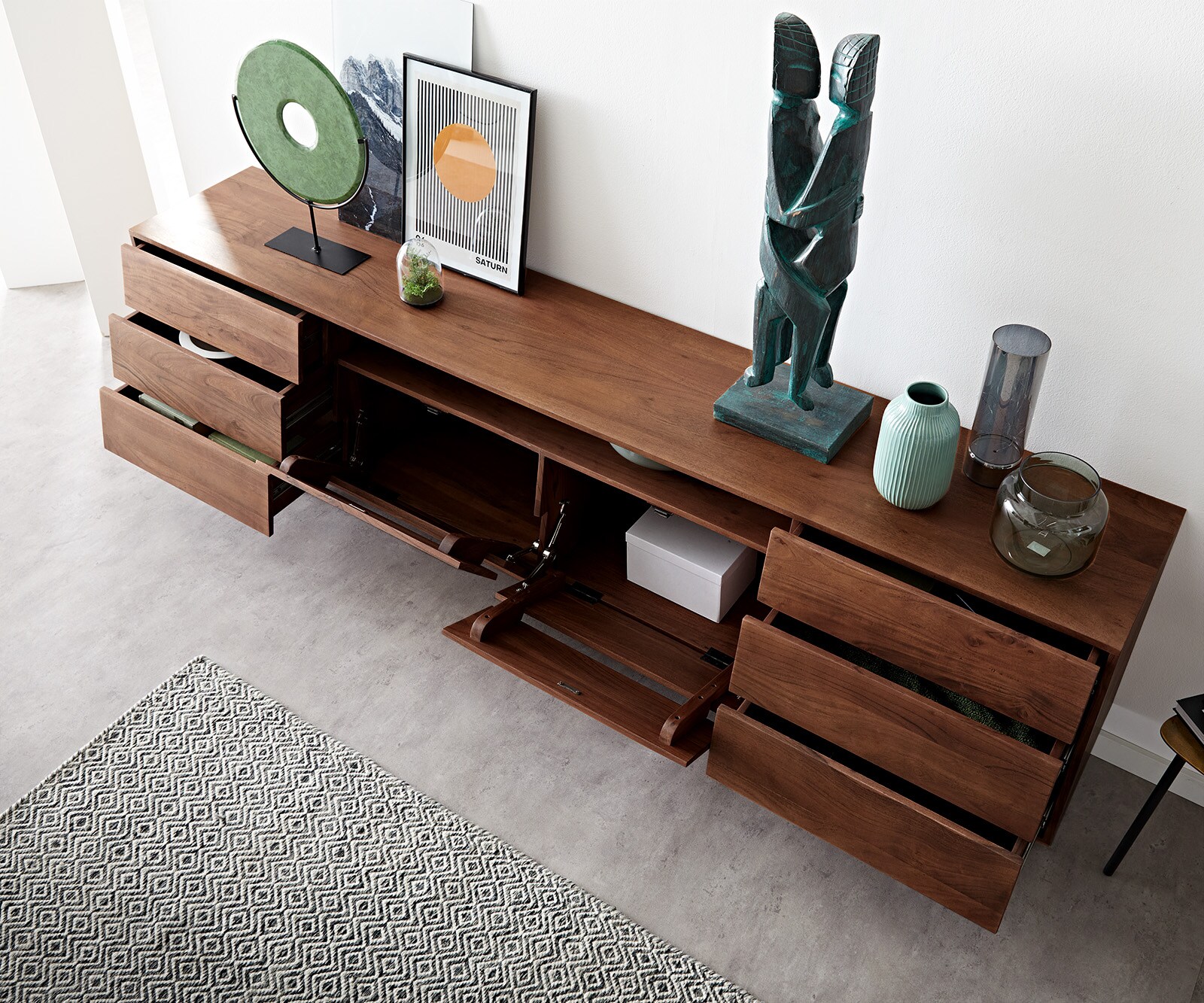 Komoda Eloi 240x40 cm akacja brązowa 2 drzwi 6 szuflad nóżki V czarne 3