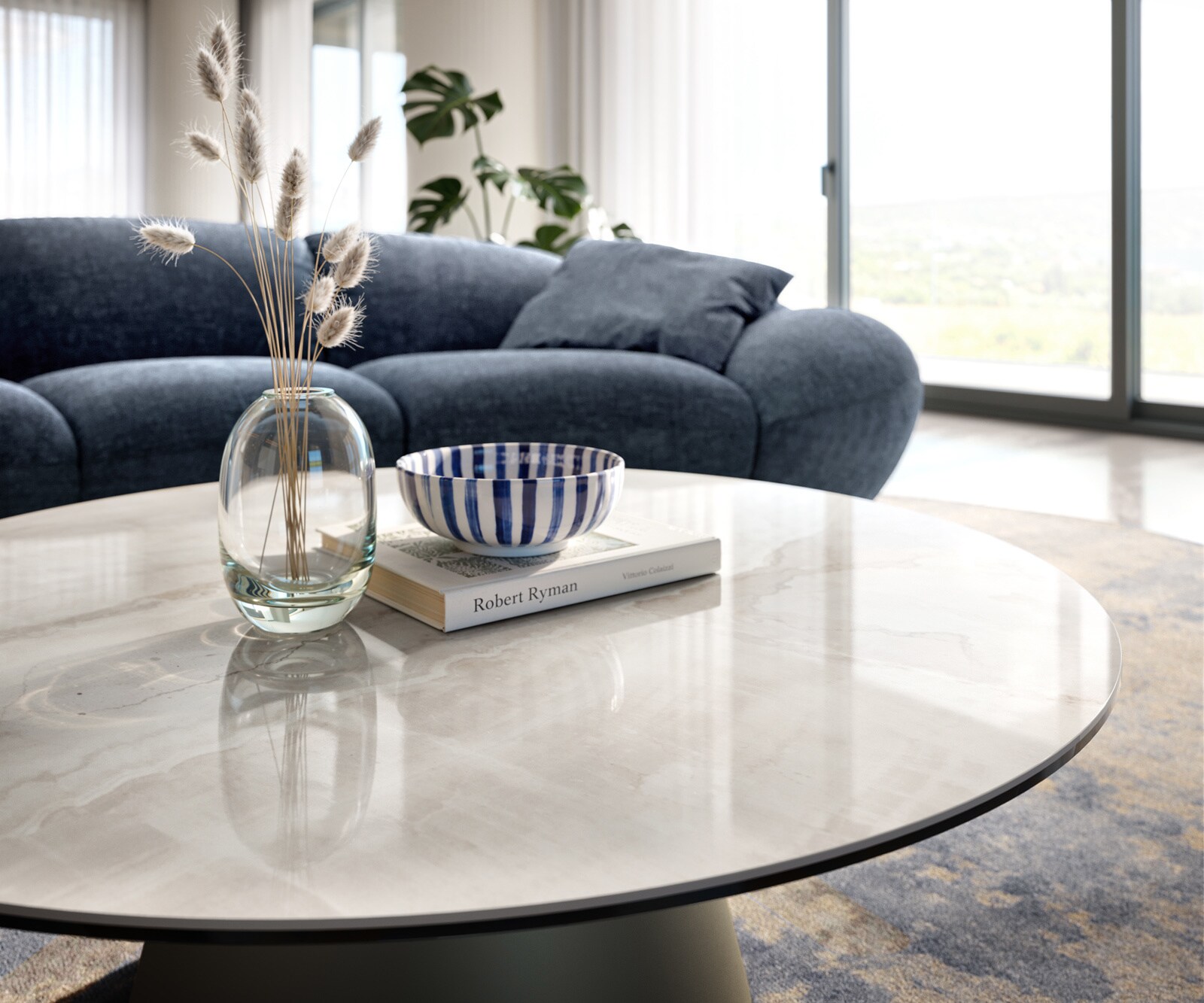 Stolik kawowy Edge okrągły 100x100 cm ceramika Onyx Champagne podstawa Borna w kolorze tytanu 6