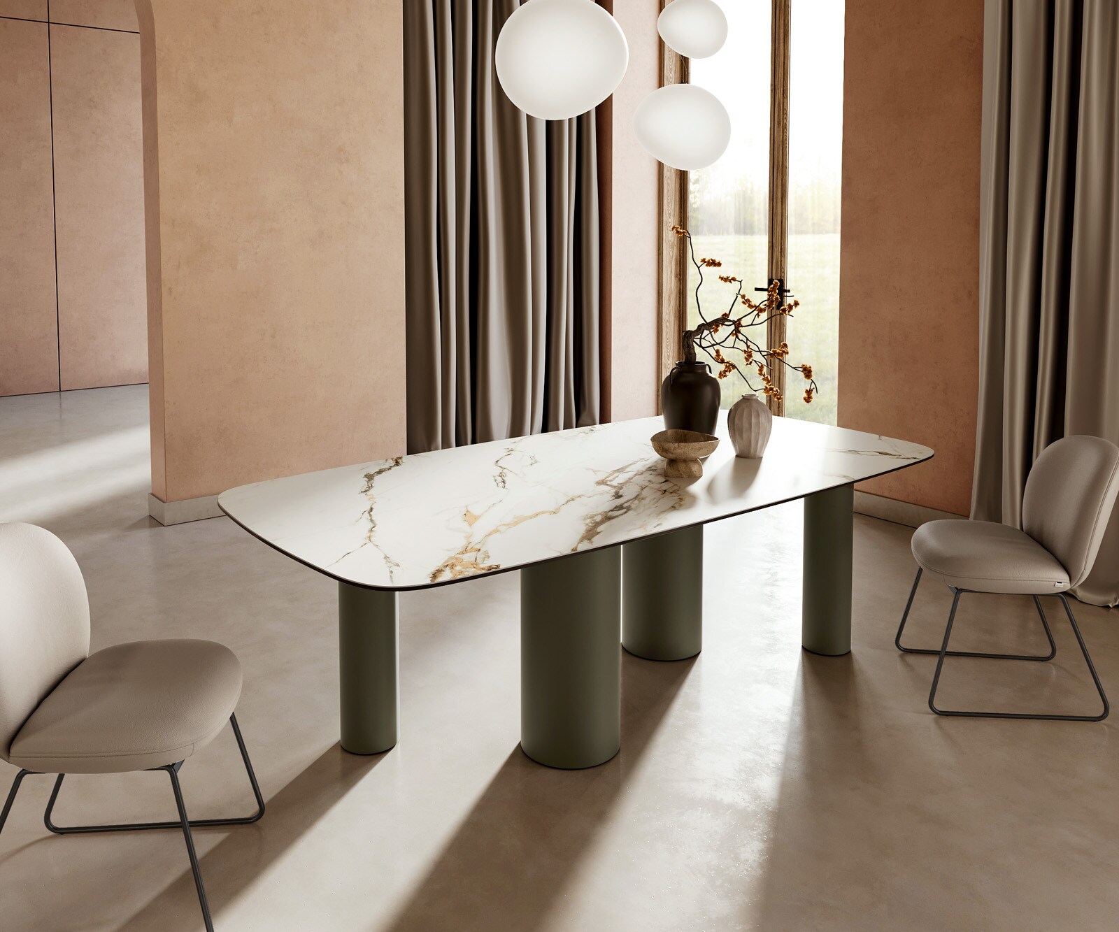 Stół do jadalni Edge kształt beczki 240x120cm ceramika Calacatta Luxe biało-złoto-szary rama Pilier metal kolor tytanowy 1
