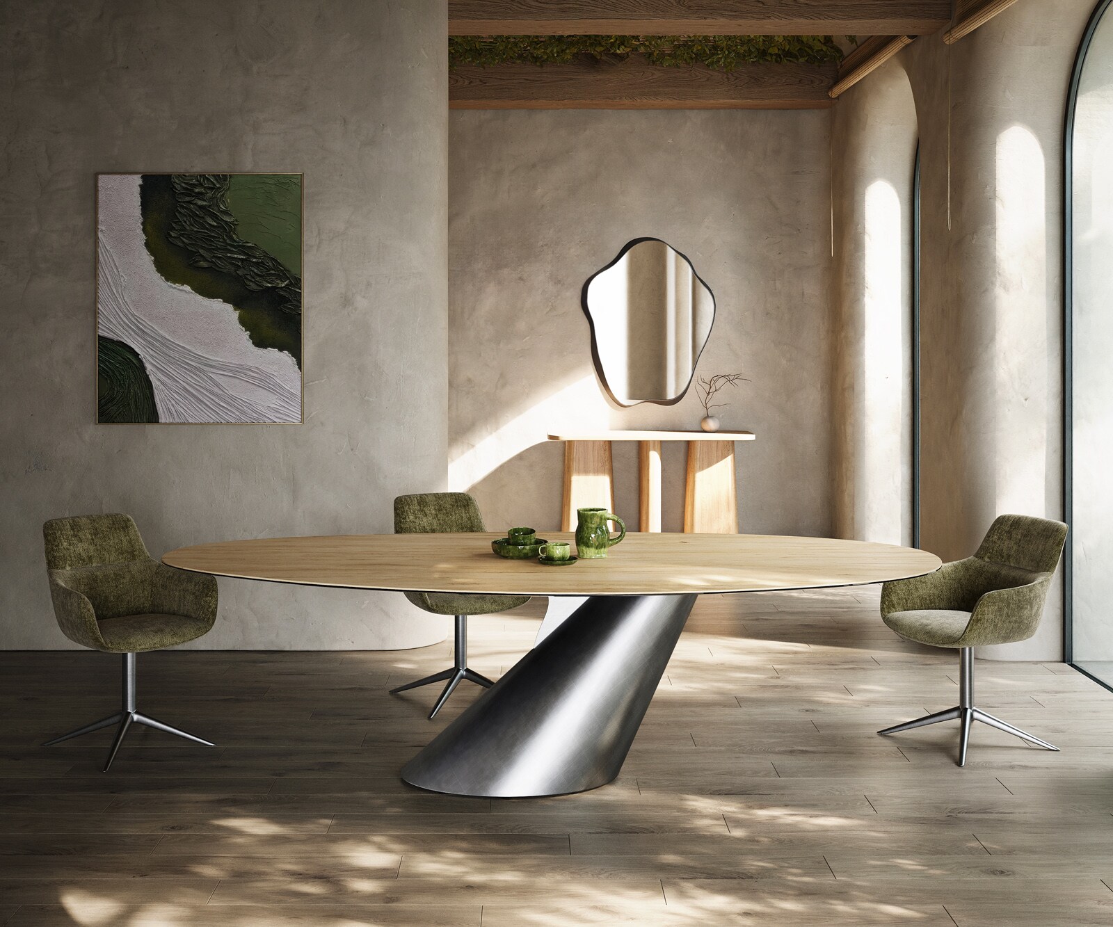 Stół do jadalni Edge owalny 280x130 cm ceramika Laminam® Sabbia w kolorze dębu rama Cono metaliczny srebrny 1