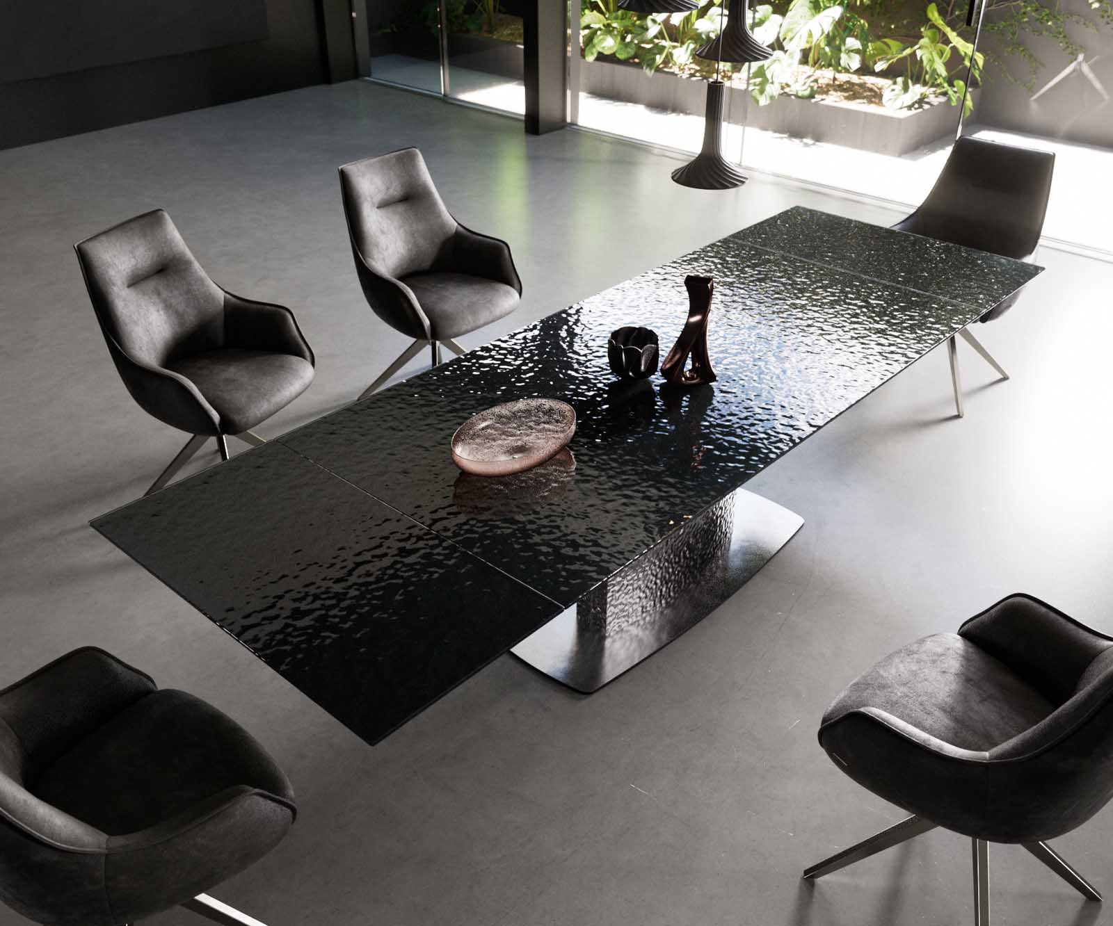 Stół do jadalni Edge 200-300x100 cm szkło reliefowe czarne efekt 3D rama Wave stal nierdzewna rozkładany 3
