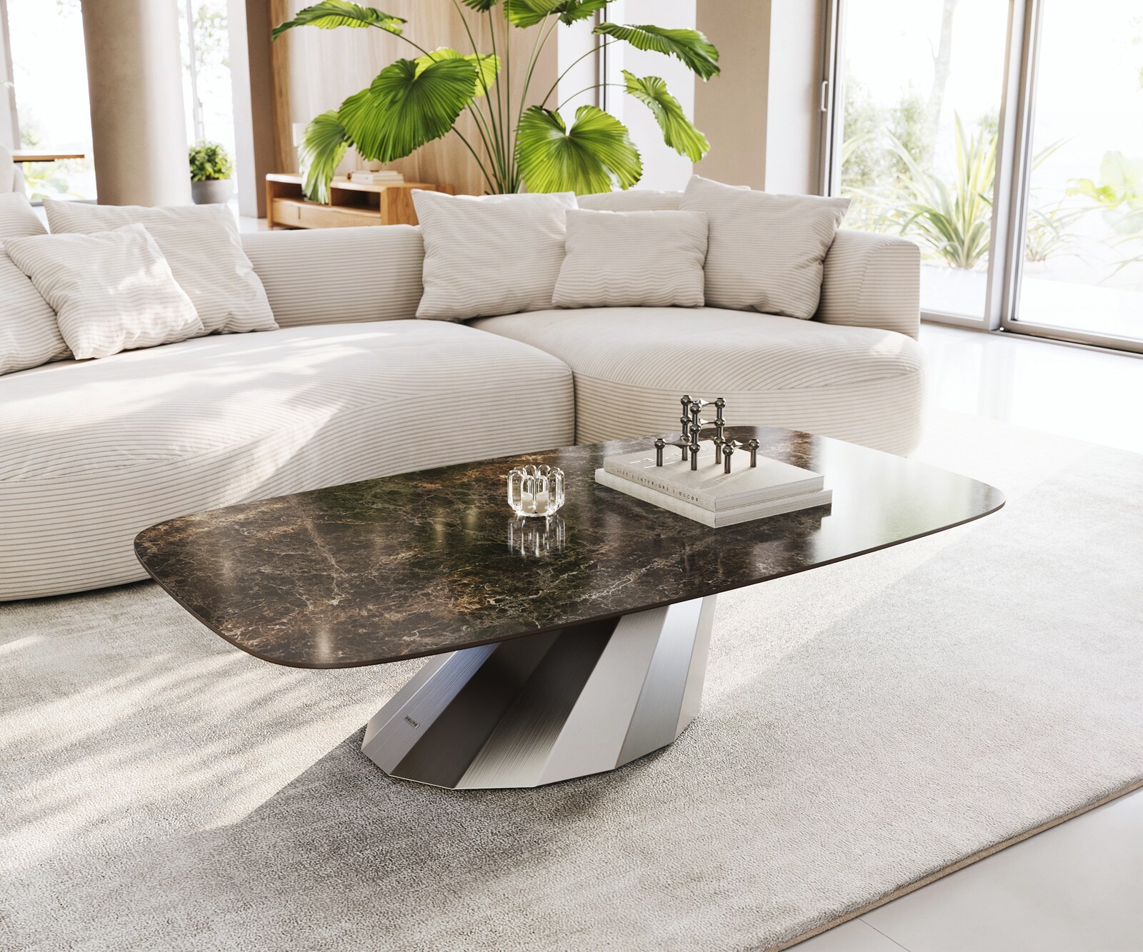 Stolik kawowy Edge w kształcie beczki 140x80 cm ceramika Laminam® Emperador Extra Lucidato ciemnobrązowa podstawa Parabi stal nierdzewna szczotkowana 1