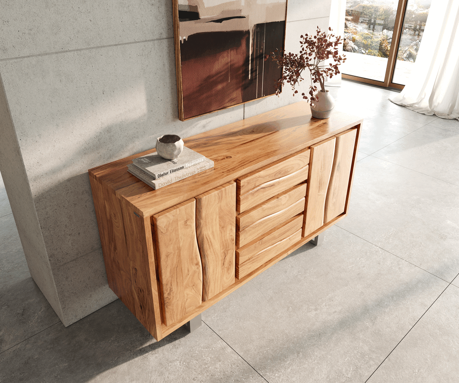 Komoda Live-Edge 147 cm akacja naturalna 3 szuflady 2 drzwi 4