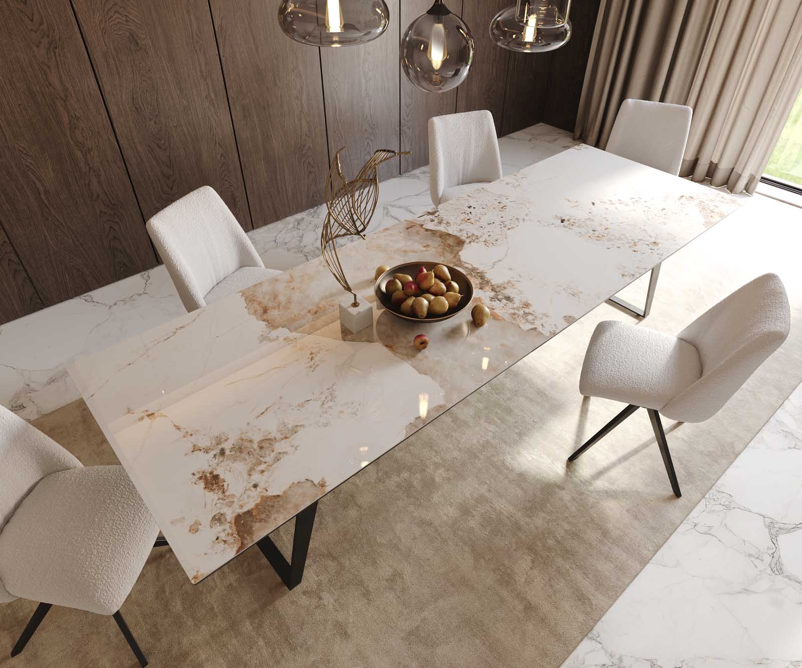 Stół do jadalni Edge 300x100cm ceramika Minas Melange biało-beżowy metal pochylona rama czarna 6