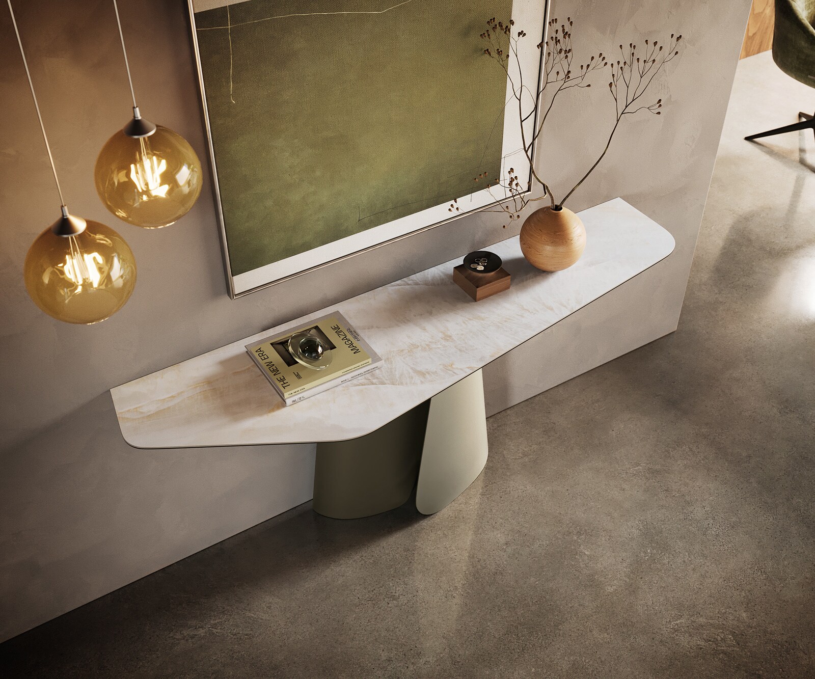 Konsola Edge wielokątna 180x50 cm ceramika Onyx Pearl podstawa Livos metal w kolorze tytanu 2