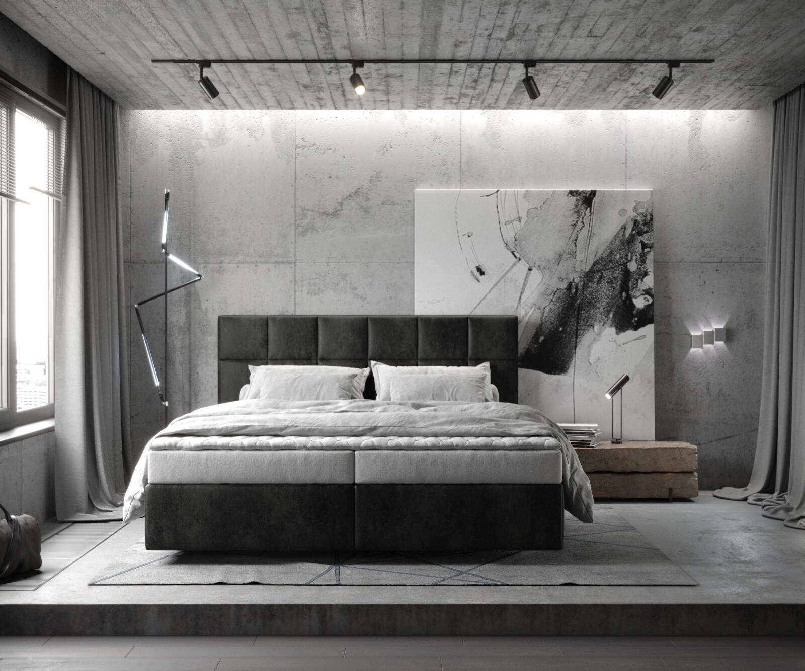 Łóżko kontynentalne Dream-Fine 180x200 cm mikrofibra antracyt vintage z materacem i topperem 1