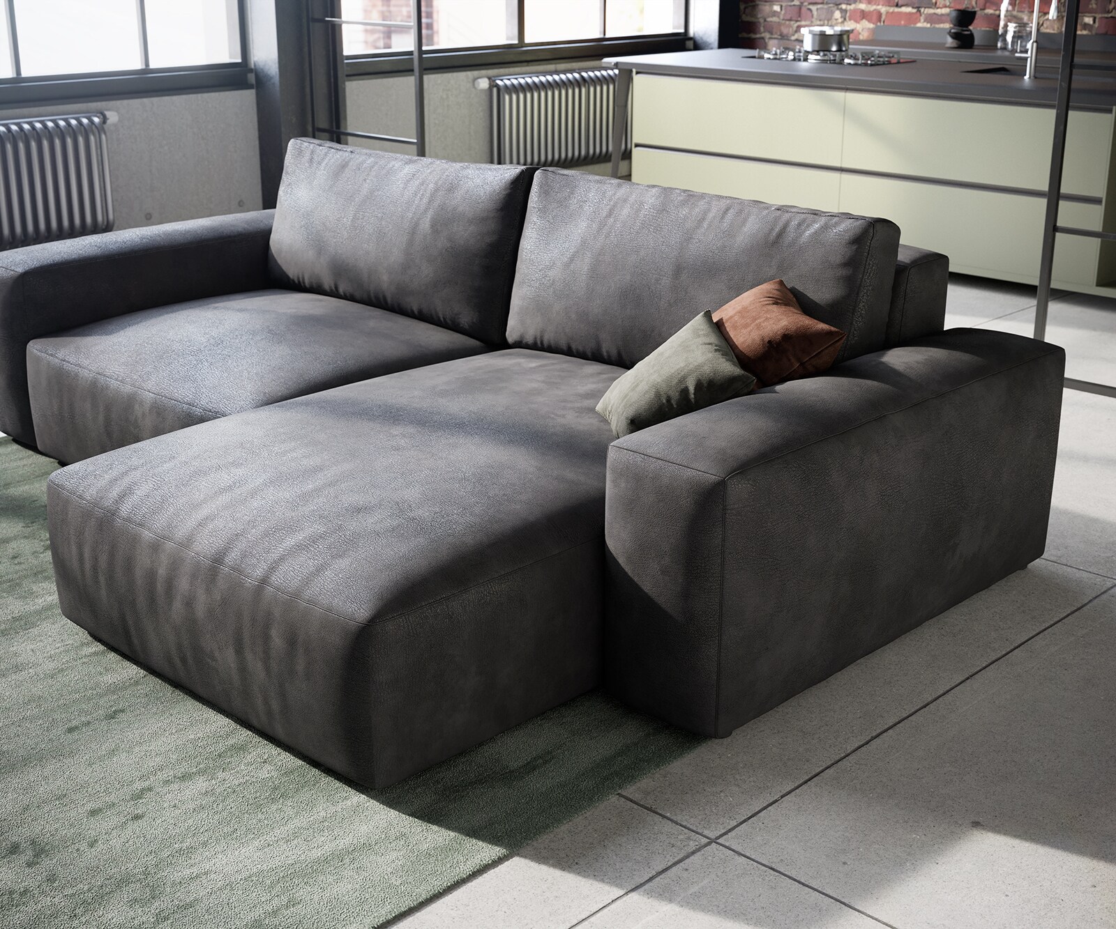 Sofa narożna Lanzo L 260x160 cm eko-skóra antracytowy vintage szezlong z możliwością obustronnego montażu z pufem 4