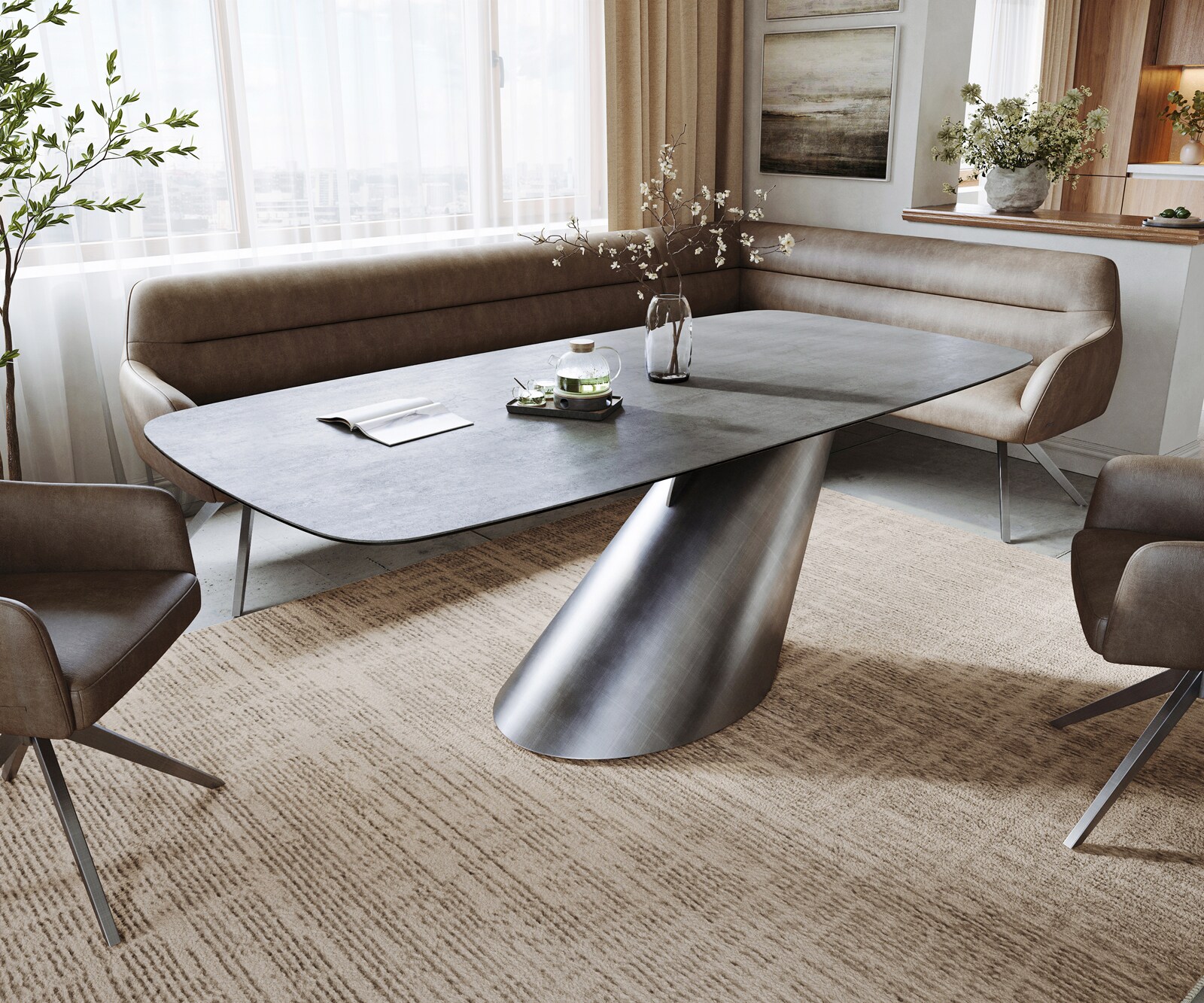 Stół do jadalni Edge w kształcie beczki 200x100 cm ceramika w kolorze betonowej szarości rama Cono metaliczny srebrny