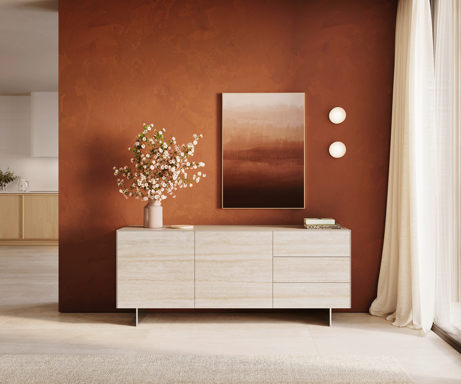 Komoda Cuor 180 cm ceramika Laminam® Travertino Bianco kremowo-biała 2 drzwi 3 szuflady nóżki wąskie stal nierdzewna 2