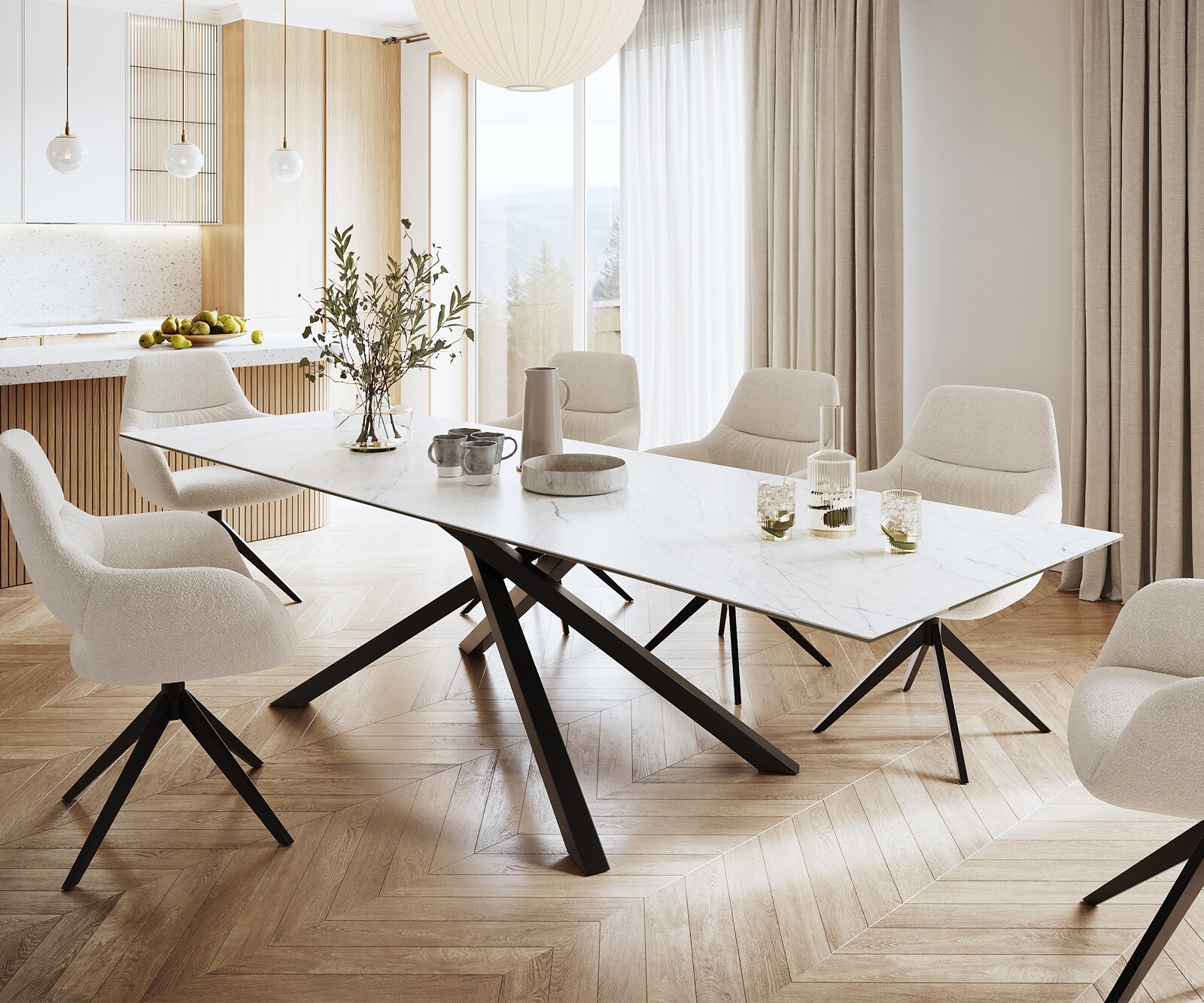 Stół do jadalni Edge 300x100cm ceramika Laminam® Statuarietto biały rama Cross czarna