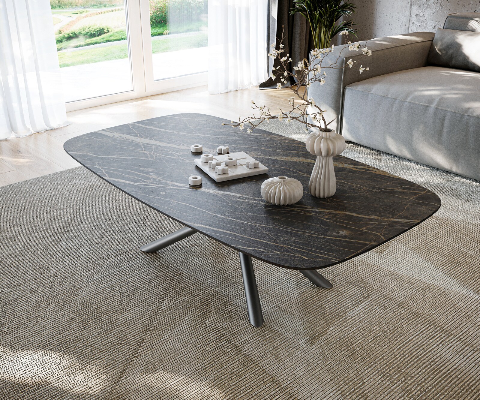 Stolik kawowy Edge w kształcie beczki 140x80 cm ceramika Laminam® Noir Desir brązowy Sarity czarny metal 4