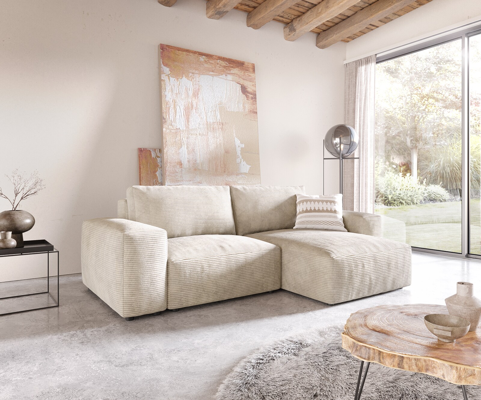 Sofa narożna Lanzo XL 270x180cm sztruks beżowy szezlong z możliwością zmiennego ustawienia z pufem 4