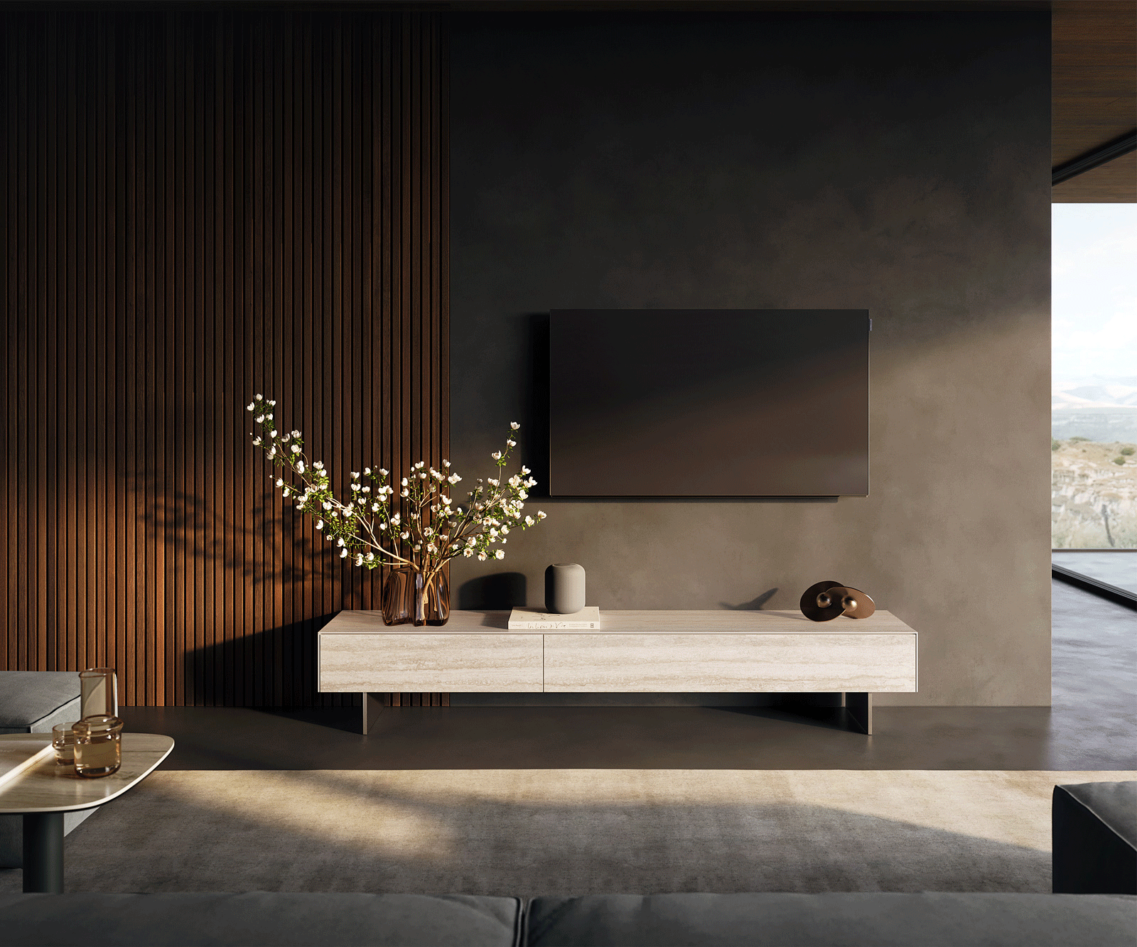 Szafka RTV Cuor 200 cm ceramika Laminam® Travertino Bianco kremowo-biały 1 klapa 1 szuflada nóżki wąskie stal nierdzewna 1