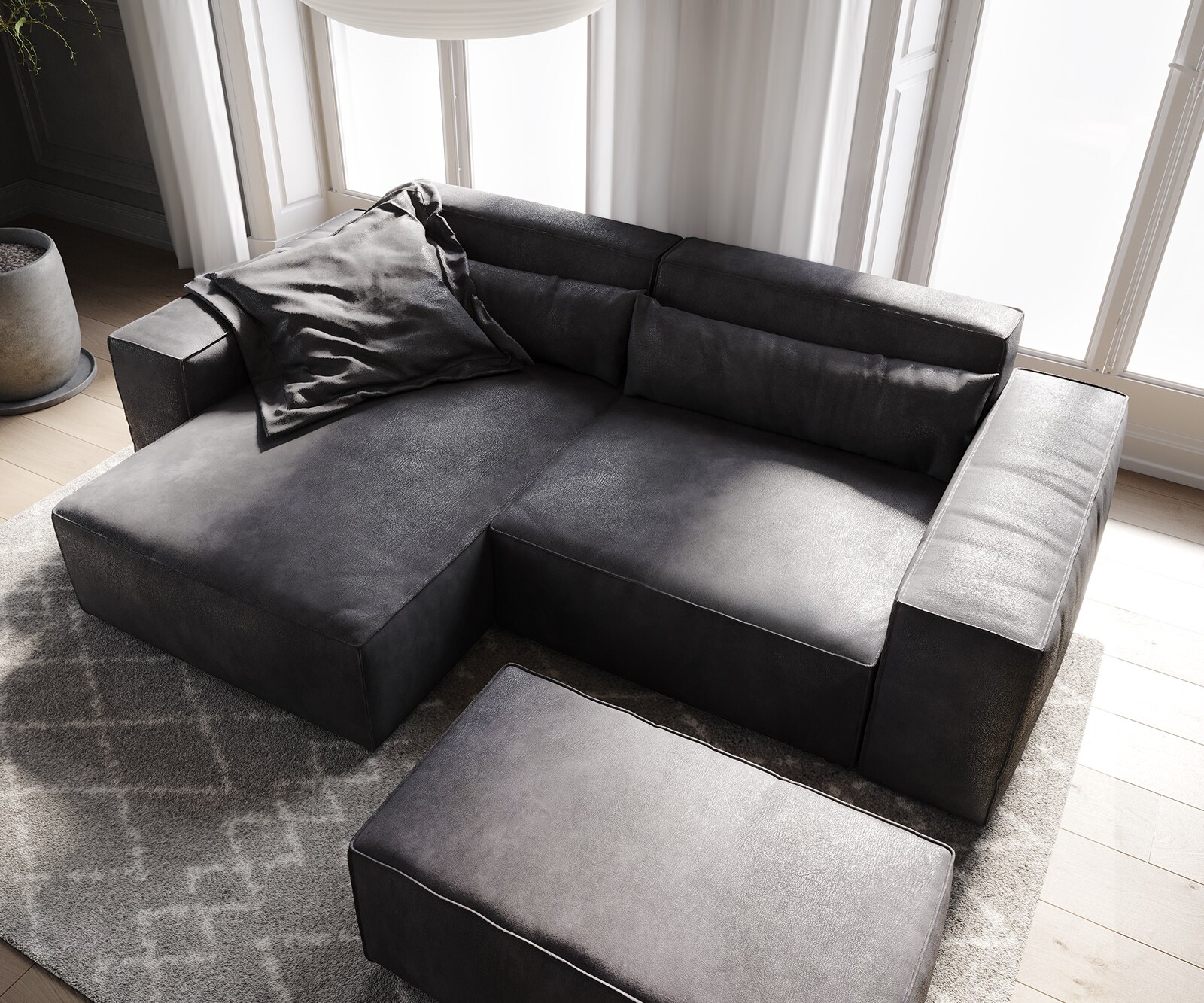 Sofa narożna Sirpio 230x155 cm eko-skóra antracytowy vintage szezlong z możliwością obustronnego montażu z pufem 3