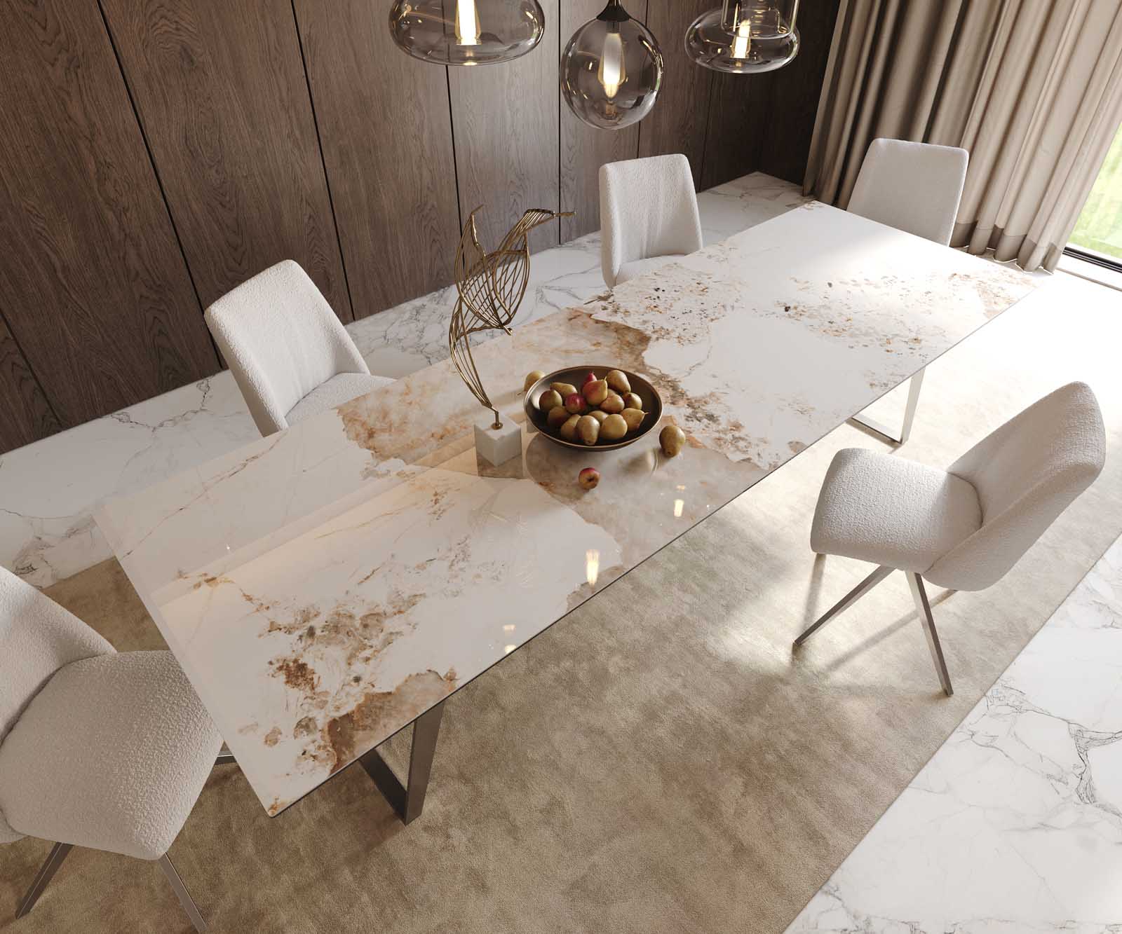 Stół do jadalni Edge 300x100cm ceramika Minas Melange biało-beżowy stal nierdzewna pochylona rama 5