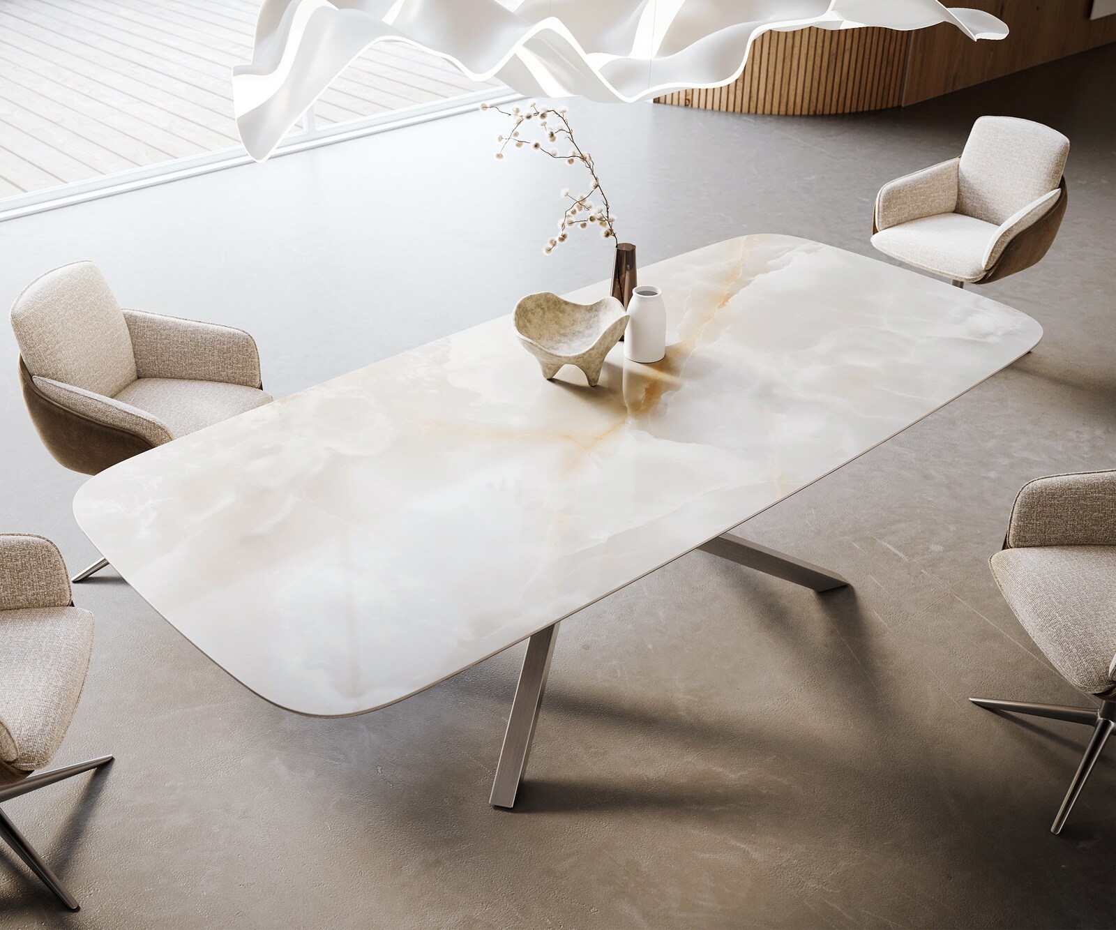 Stół do jadalni Edge w kształcie beczki 270x120 cm ceramika Iris FMG Onice Grigio rama Cross stal nierdzewna 4