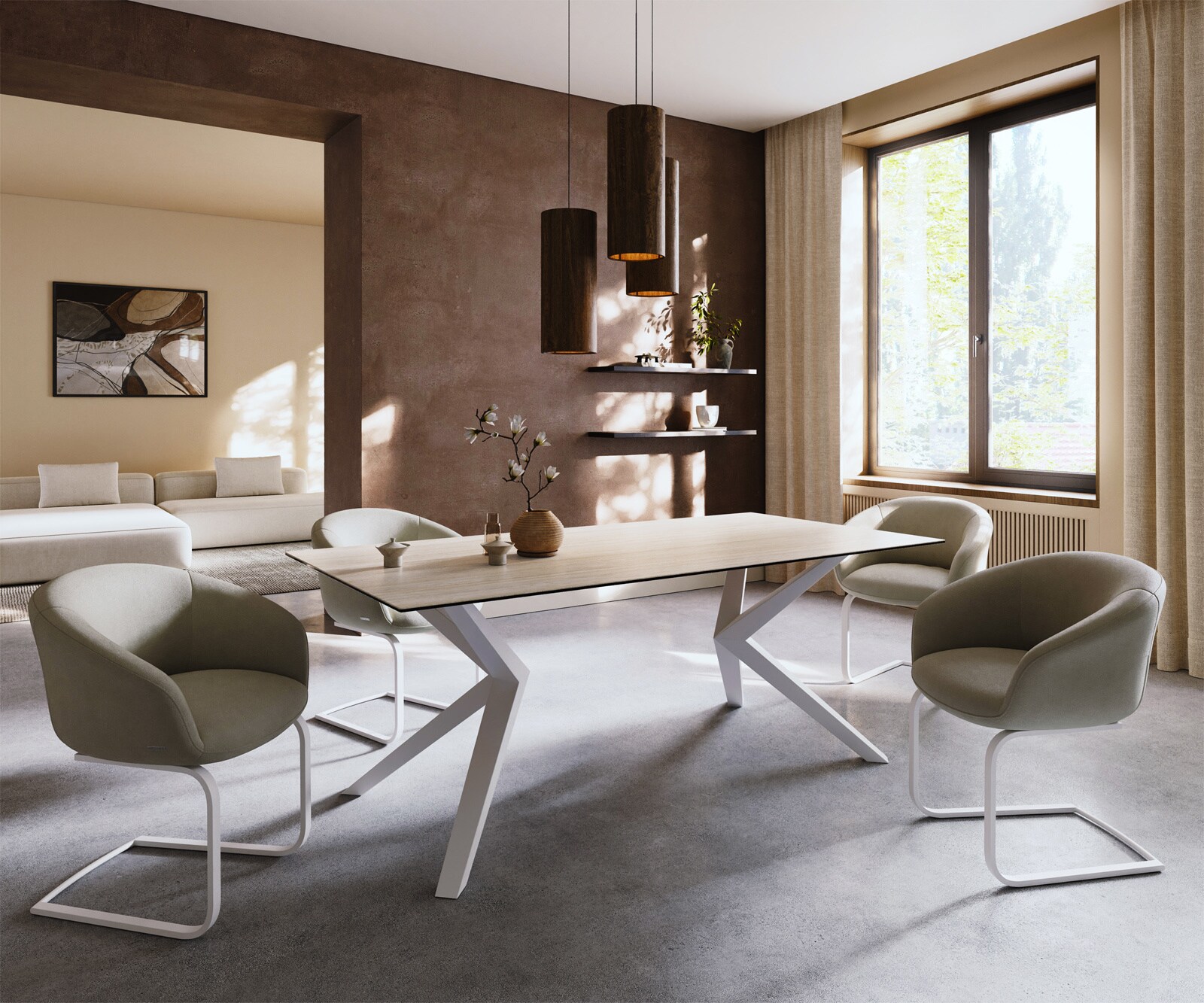 Stół do jadalni Edge 200x100cm ceramika Laminam® Travertino Bianco kremowo-biały rama Zenthara metal biały 6