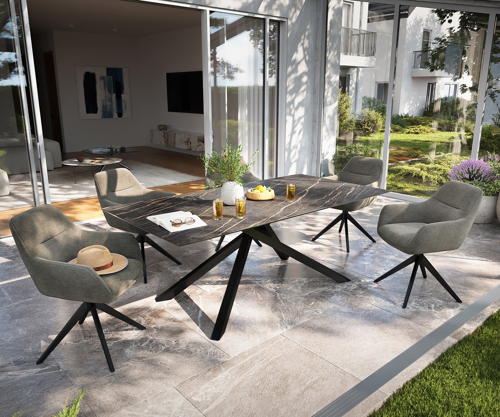 Stół ogrodowy Edge 200x100 cm ceramika Laminam® Noir Desir brązowy rama Cross czarny