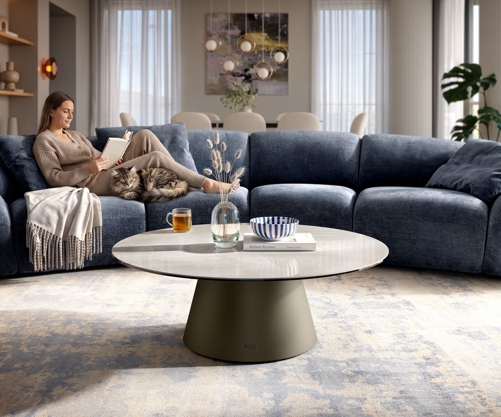 Stolik kawowy Edge okrągły 100x100 cm ceramika Onyx Champagne podstawa Borna w kolorze tytanu 2
