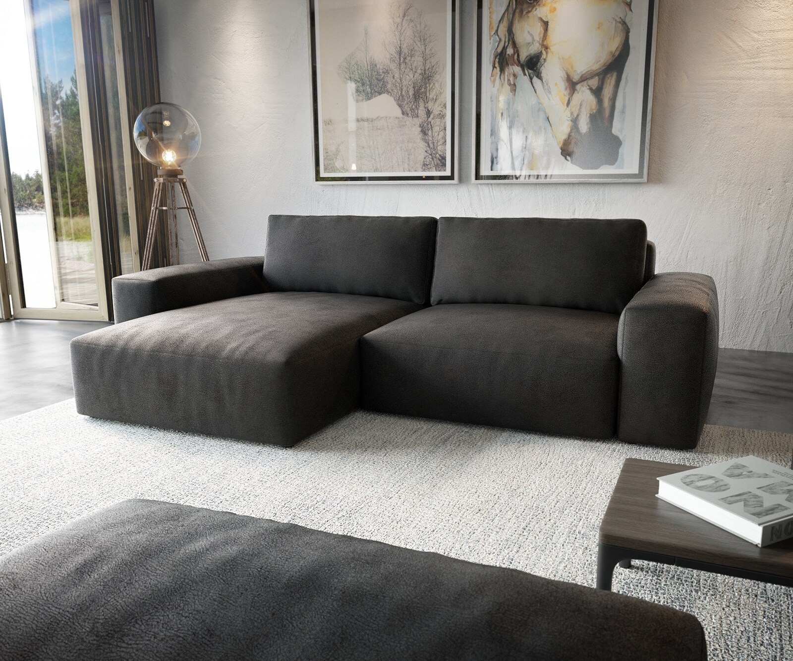 Sofa narożna Lanzo XL 270x180cm skóra ekologiczna antracyt vintage szezlong z możliwością zmiennego ustawienia z pufem