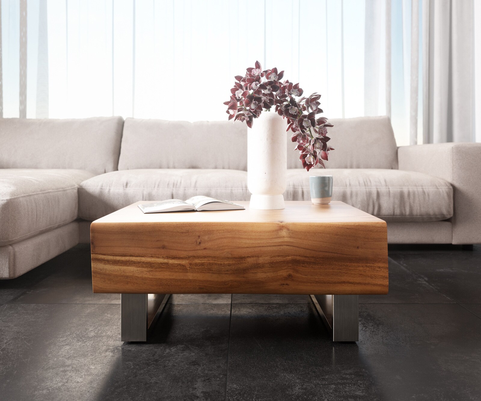 Stolik kawowy New Live-Edge 80x60cm akacja naturalna 2 szuflady nóżki płozowe stal nierdzewna szczotkowana 1