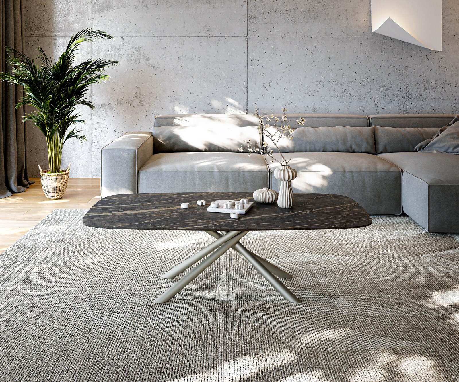 Stolik kawowy Edge w kształcie beczki 140x80 cm ceramika Laminam® Noir Desir brązowy Sarity wykończenie tytanowe 1