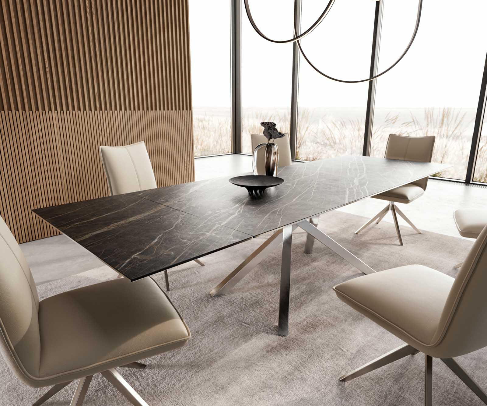 Stół do jadalni Edge 200-300x100 cm ceramika Laminam® Noir Desir brązowy rama Cross stal nierdzewna rozkładany