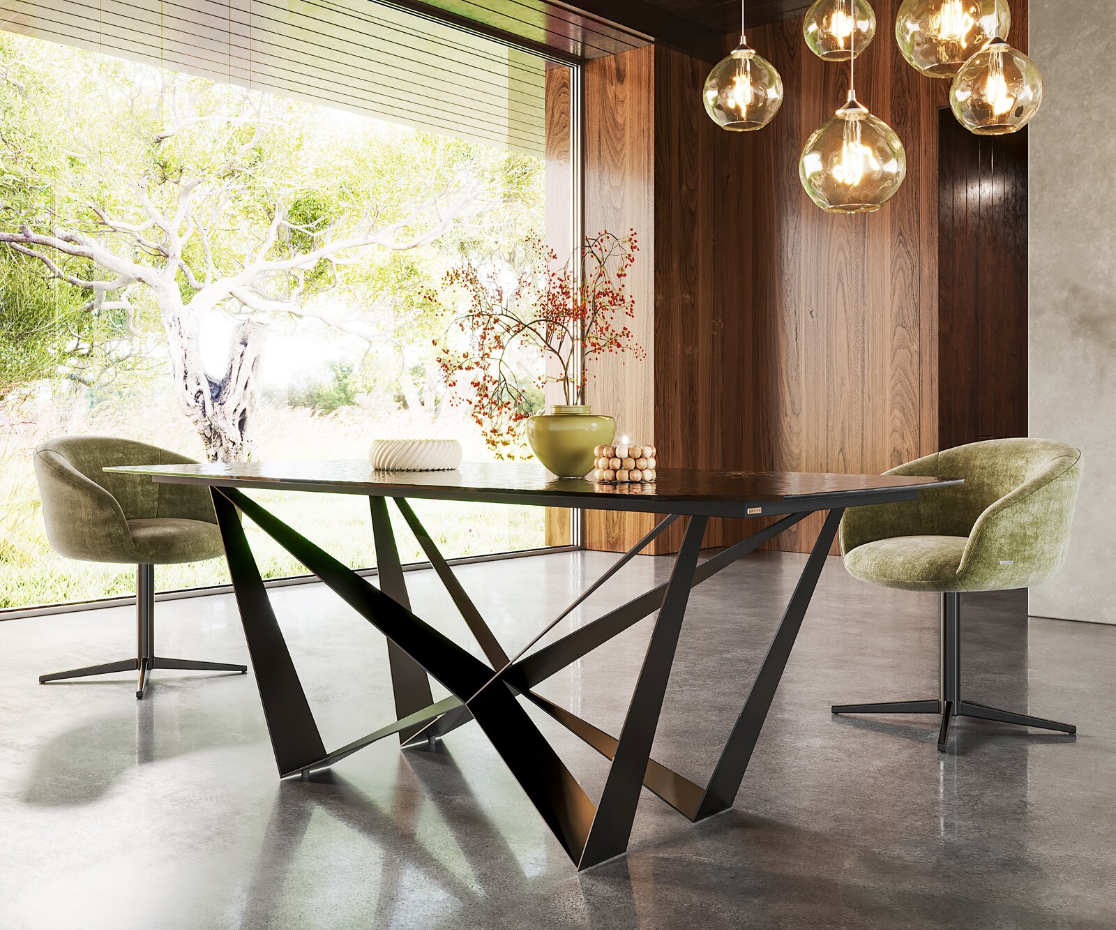 Stół do jadalni Edge kształt beczki 200x100cm szkło reliefowe czarne efekt 3D rama Spider metal czarna 4