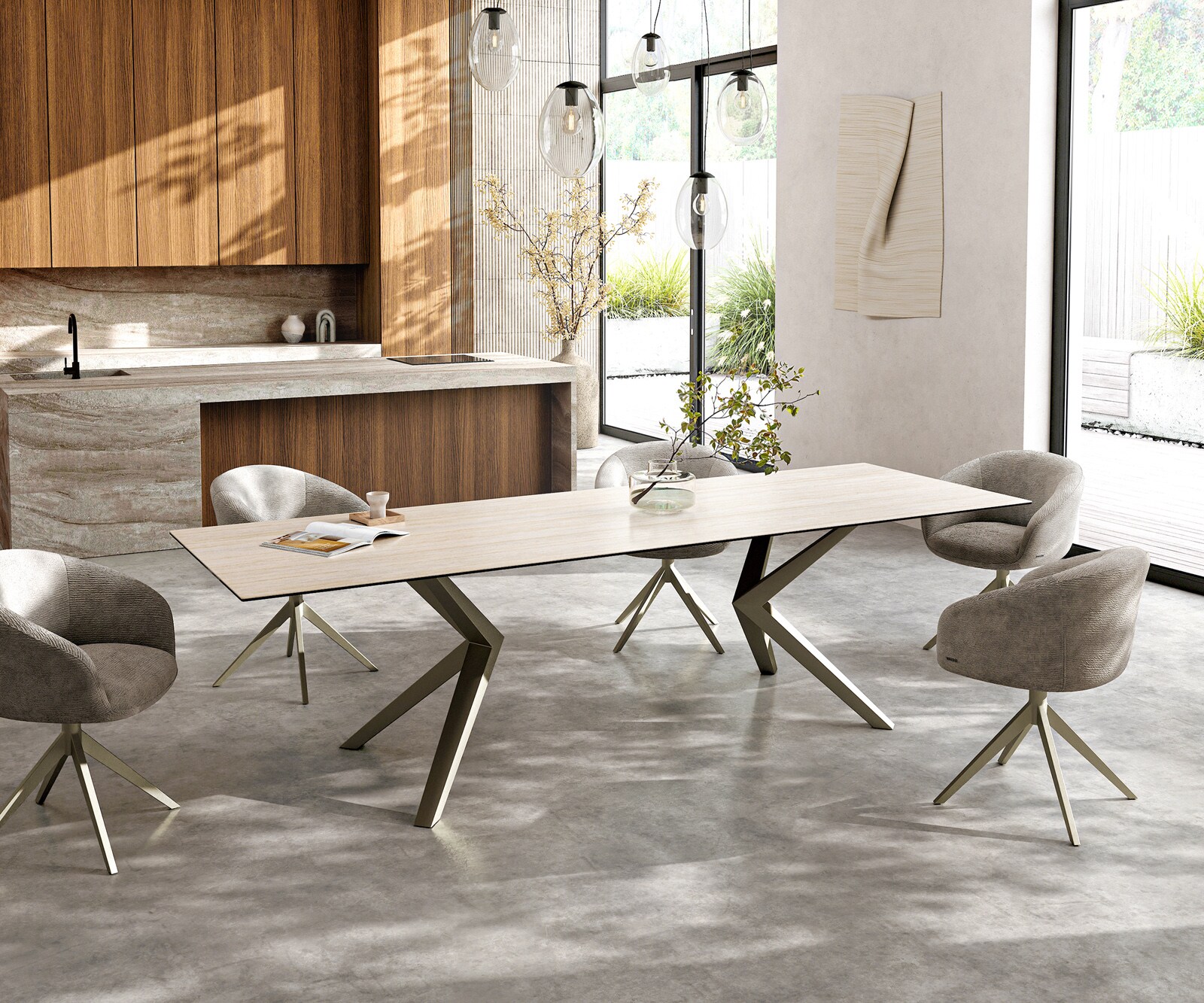 Stół do jadalni Edge 300x100cm ceramika Laminam® Travertino Bianco kremowo-biały rama Zenthara metal kolor tytanowy 6