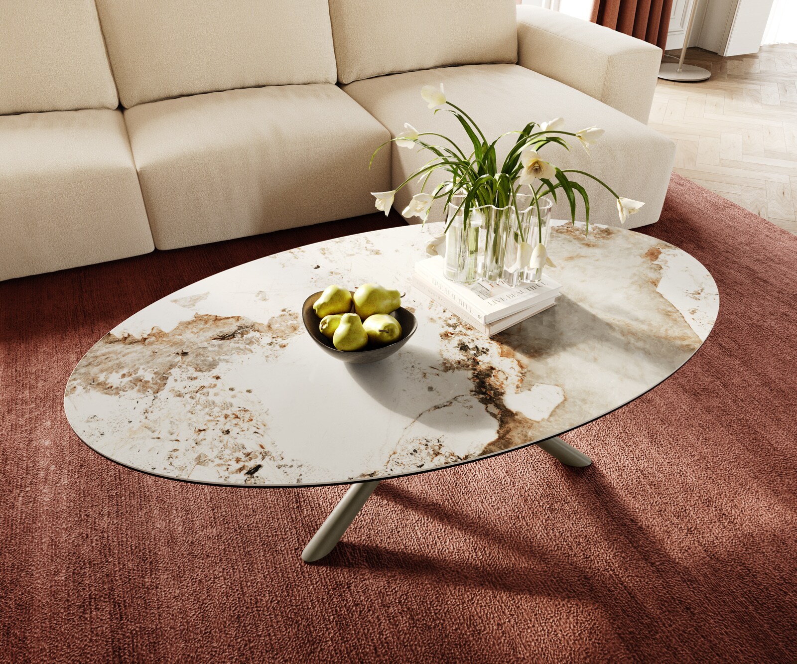 Stolik kawowy Edge owalny 140x80 cm ceramika Minas Melange Sarity wykończenie tytanowe 4