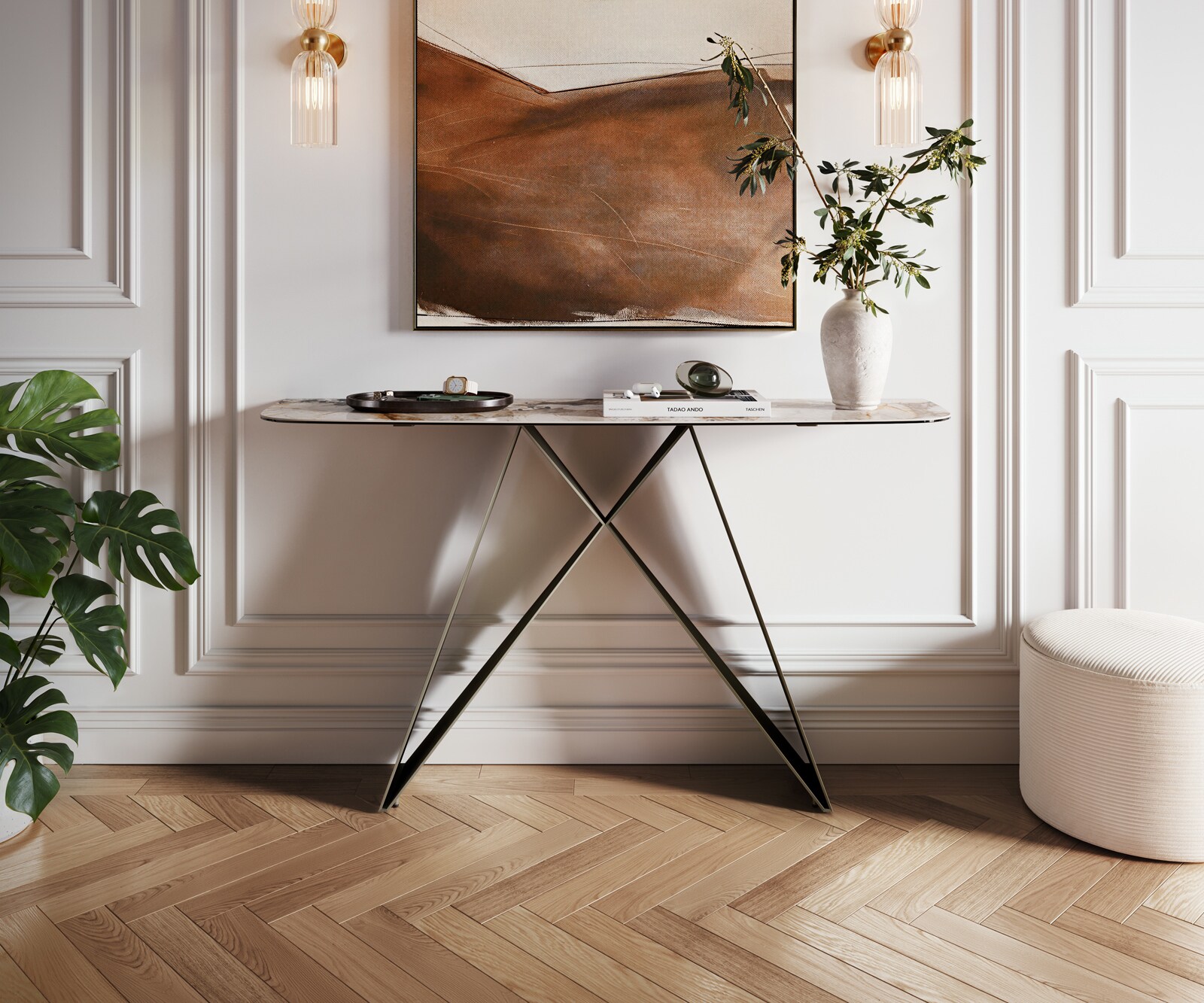 Konsola Edge w kształcie beczki 140x40 cm ceramika Patagonia podstawa Velio metal w kolorze tytanu 1