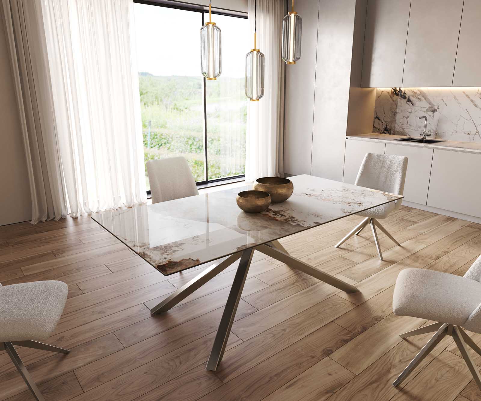 Stół do jadalni Edge 200x100 cm ceramika Minas Melange biało-beżowy rama Cross stal nierdzewna