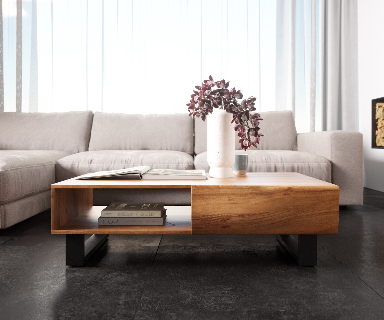 Stolik kawowy New Live-Edge 115x60 cm akacja naturalna 2 szuflady 1 przegroda nóżki płozowe metal czarny 1
