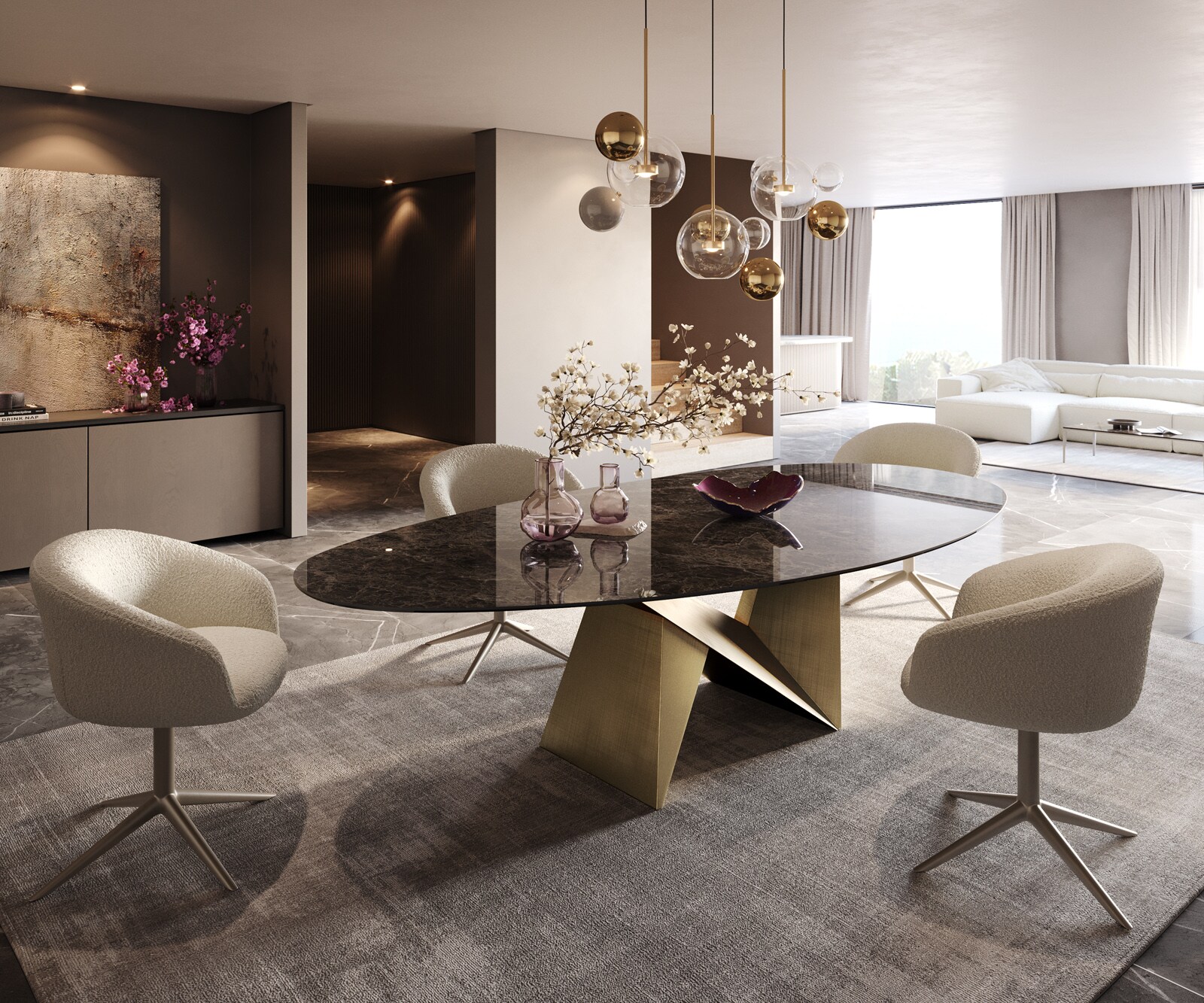 Stół do jadalni Edge owalny 280x130cm ceramika Emperador Extra Lucidato ciemnobrązowa rama Origami metaliczny złoty 7