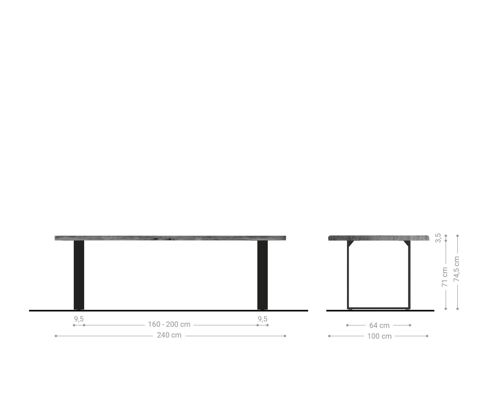 Stół do jadalni Edge 240x100 cm akacja naturalna stal nierdzewna wąska rama live-edge 6