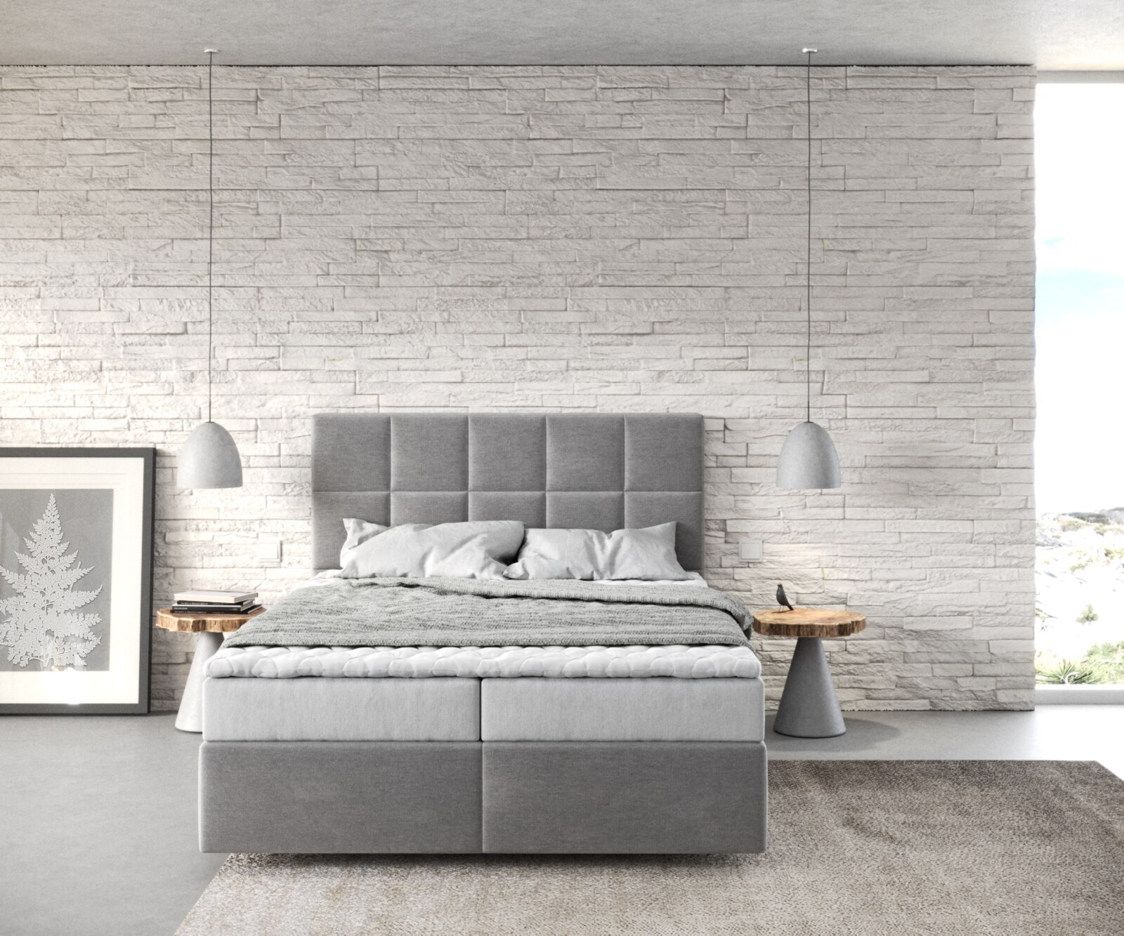 Łóżko kontynentalne Dream-Fine 140x200 cm mikrofibra szara z materacem i topperem 1